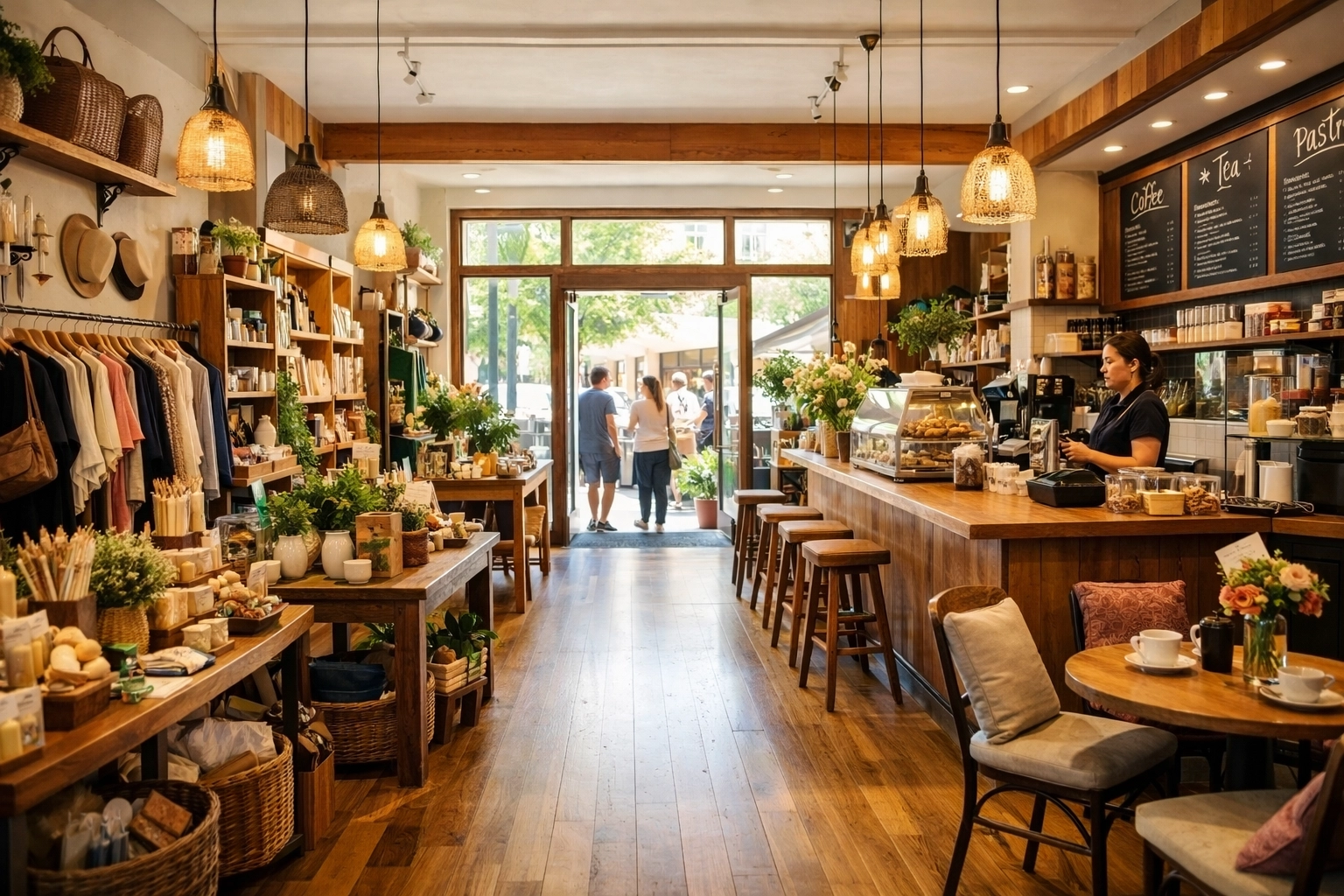 A thriving, well-lit local business interior showcasing successful growth and managed cash flow.