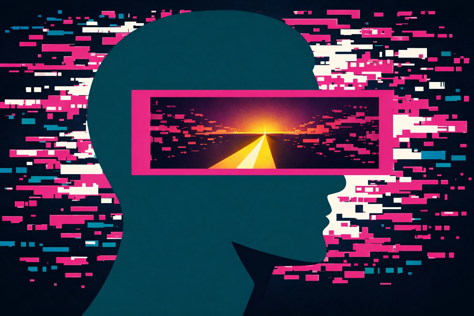 A silhouette using a viewfinder to turn digital noise into clear marketing insights and strategic paths.