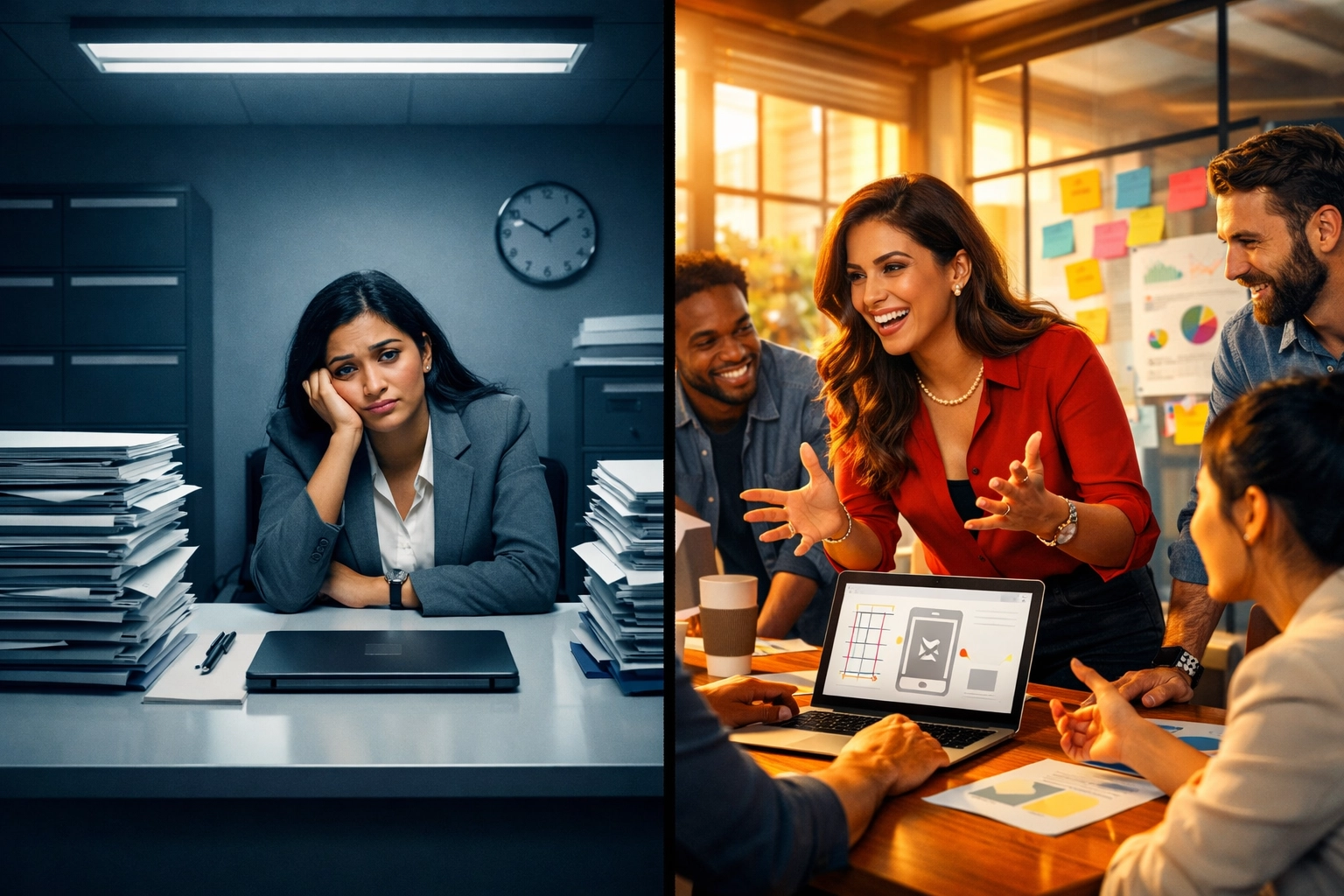 Perfectionism vs agile leadership: isolated executive compared to collaborative team approach