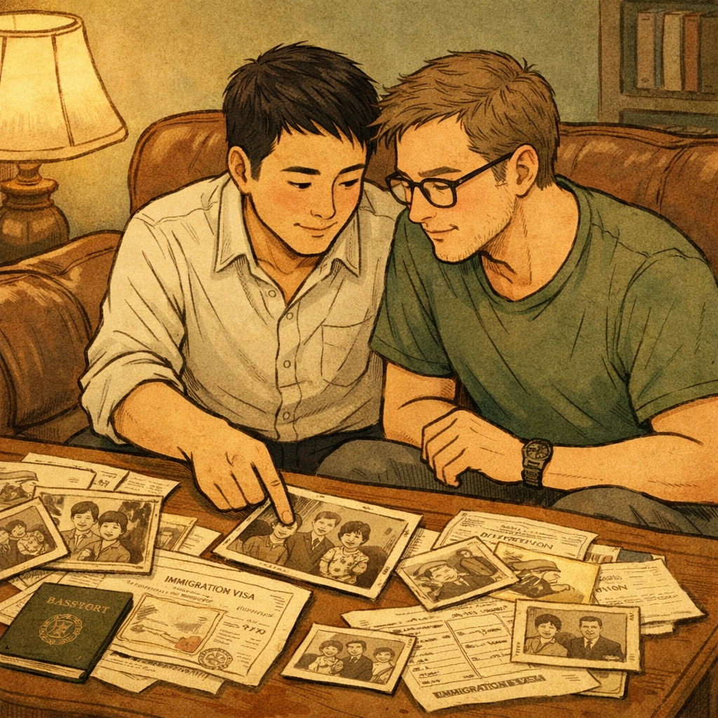 Gay couple discovering family history together through old photographs and documents