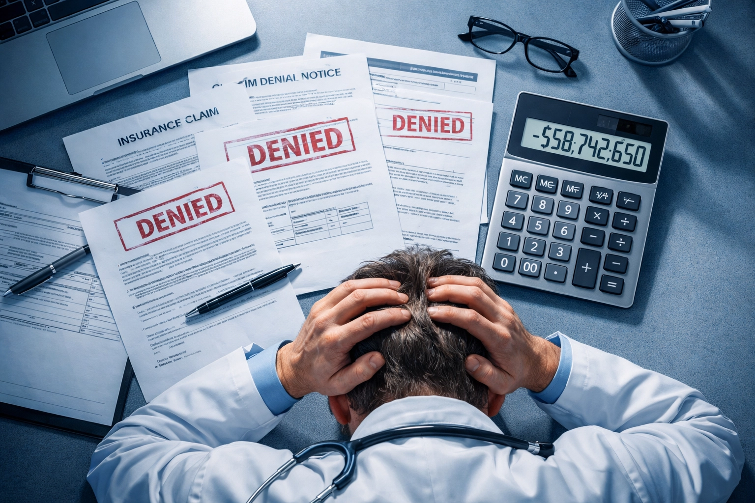 Medical claim denial letters and stressed physician showing revenue loss from incomplete documentation