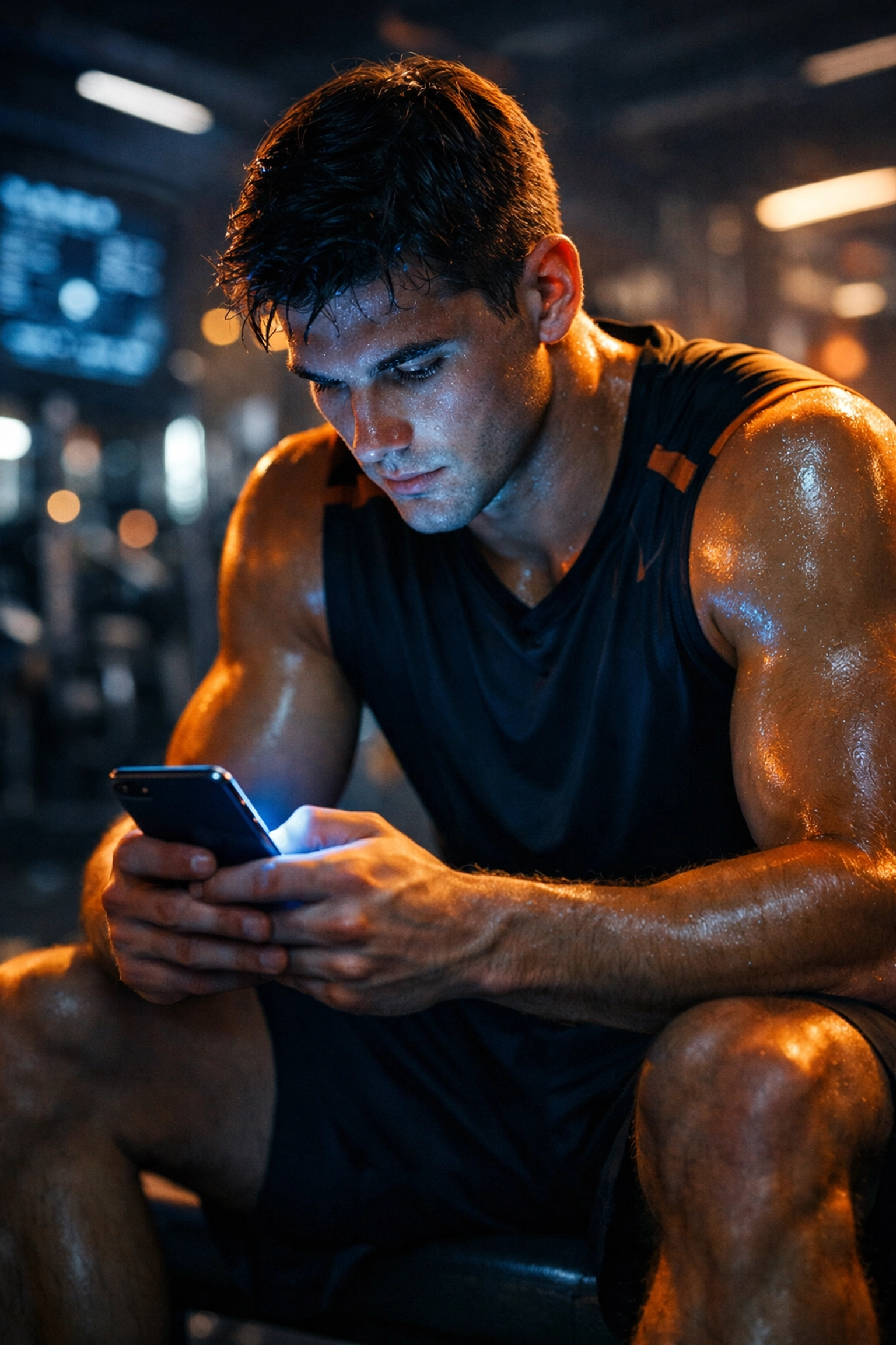 Student-athlete using a smartphone to build an online brand and digital legacy in a training facility.