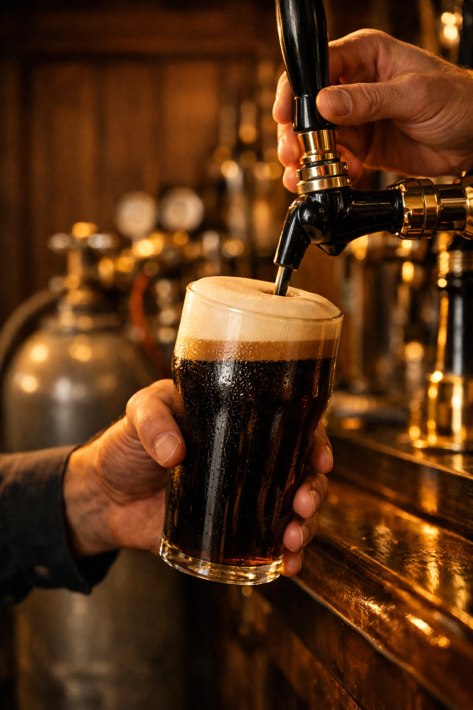 Bartender pouring a perfect pint in a UK pub using professional beer and cellar gas solutions.
