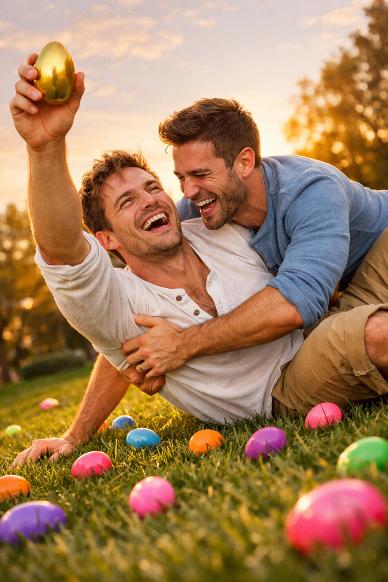 Two athletic men competing in an Easter egg hunt, illustrating the rivals to lovers trope in gay fiction.