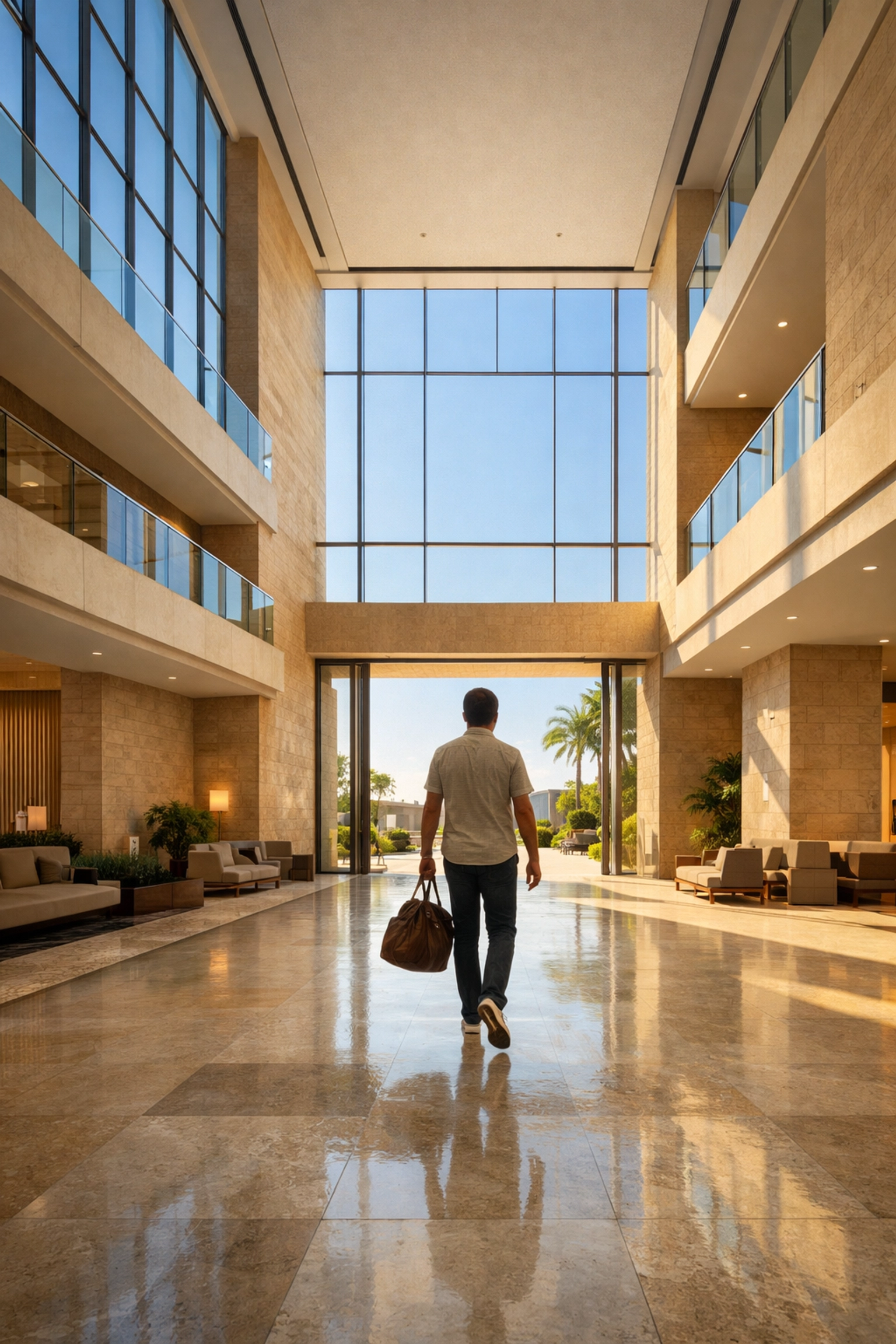 A hotel guest enjoys a seamless experience in a modern lobby powered by a cloud-native hotel PMS.