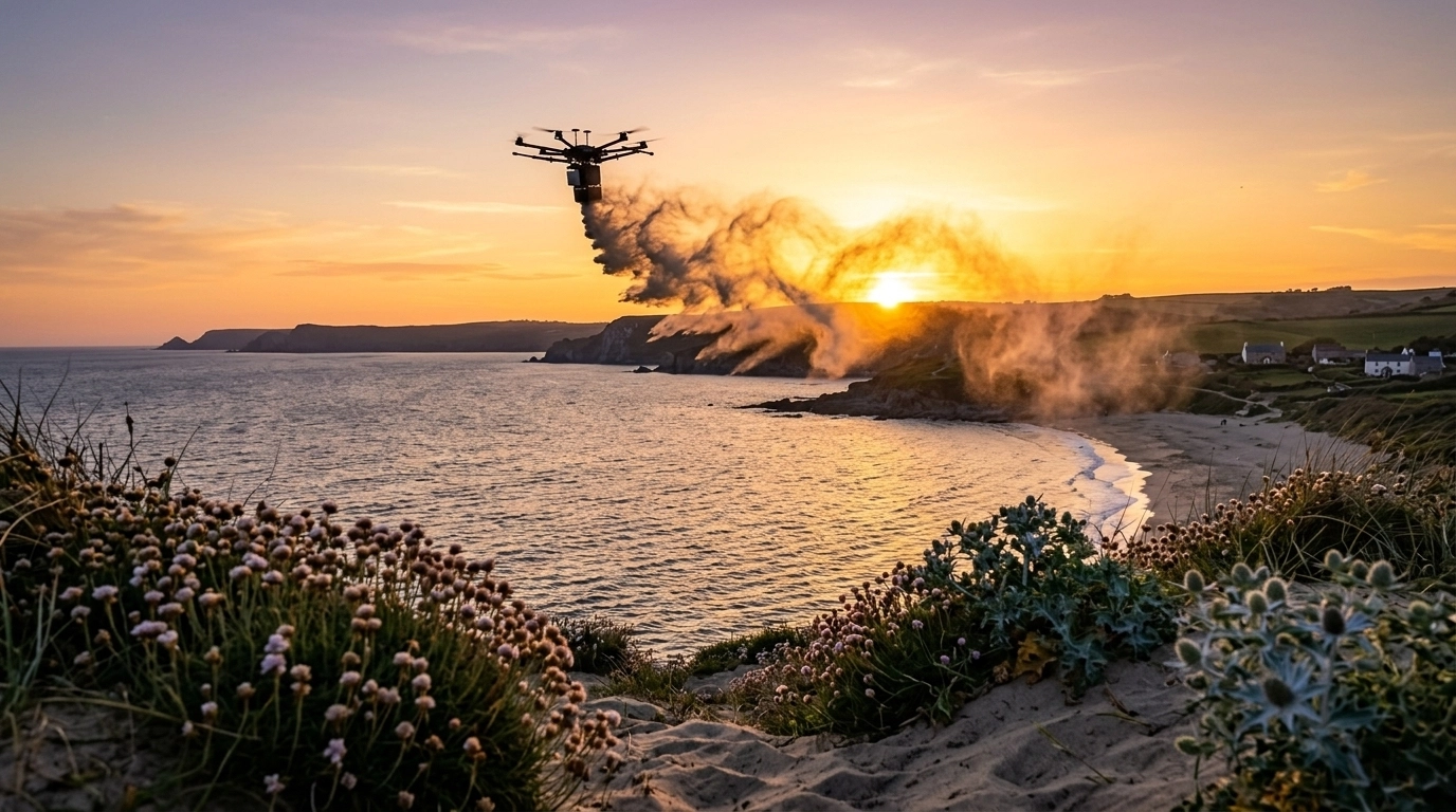 Artistic drone scattering at sunset