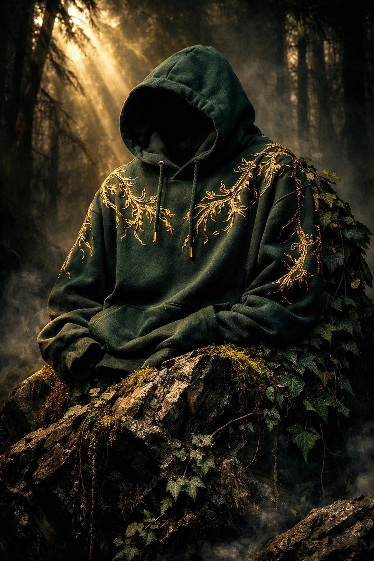 Official Sleep Token forest green hoodie with gold embroidery in a dark forest setting.