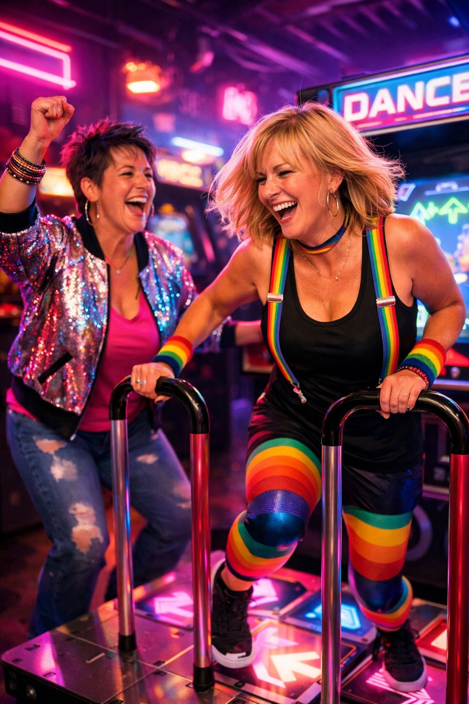 Two older lesbian women at a neon arcade, enjoying their queer second adolescence and late-blooming joy.
