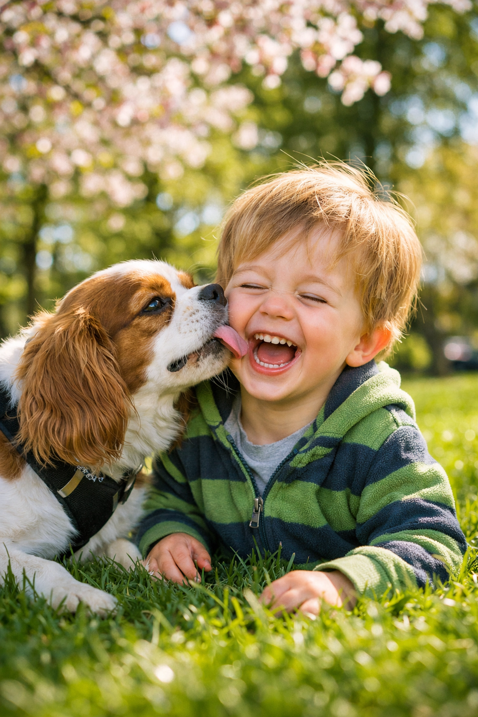 A therapy-quality Cavalier King Charles Spaniel puppy bonded with a child in a beautiful Portland park.