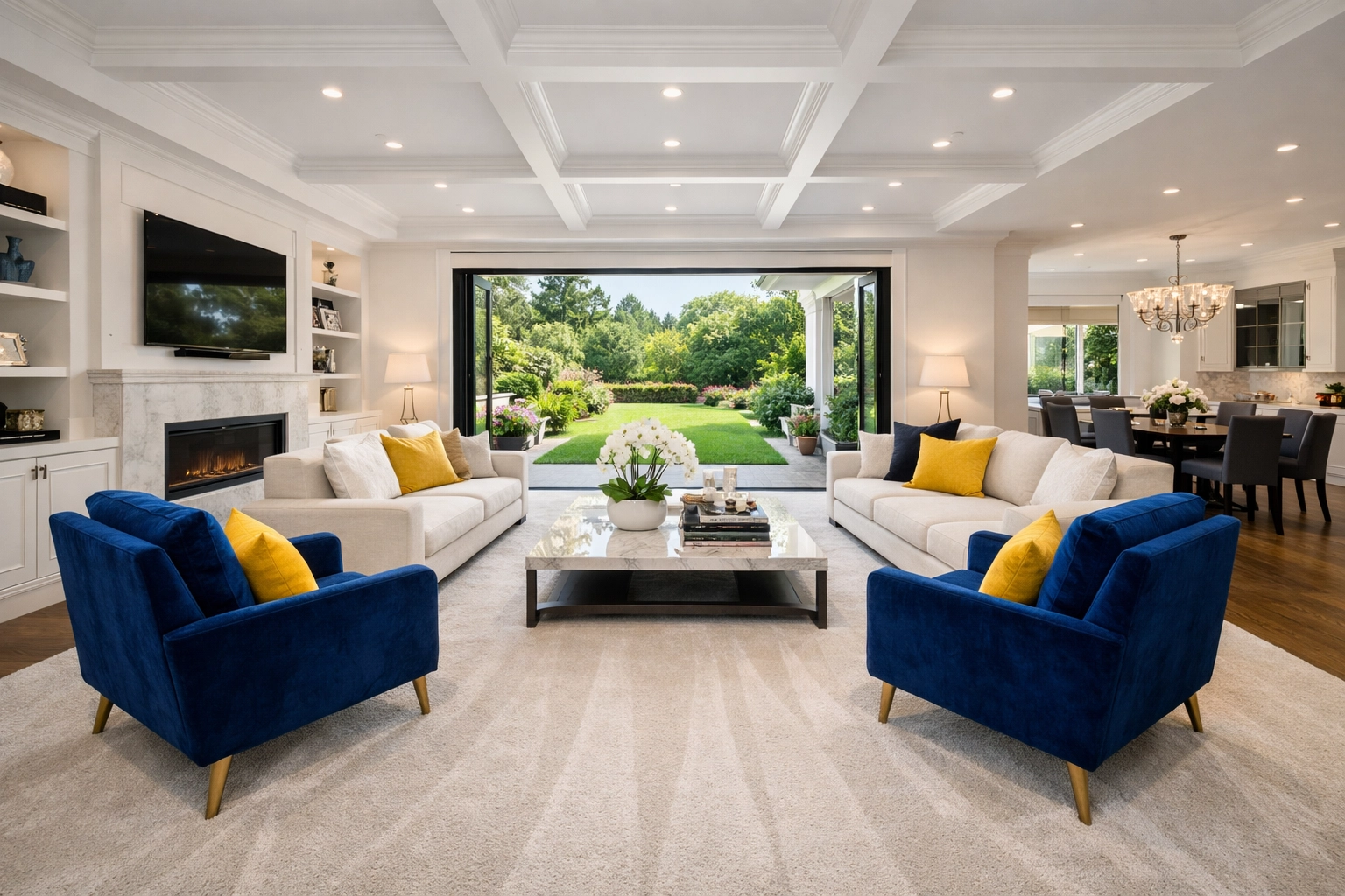 Pristine living room with clean carpets following a thorough post-construction cleaning process.