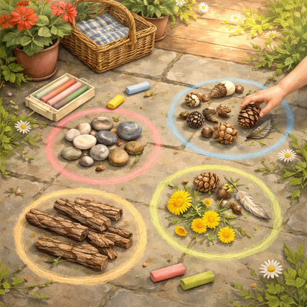 Backyard patio with chalk circles sorting nature items such as pebbles, flowers, and pinecones for kids