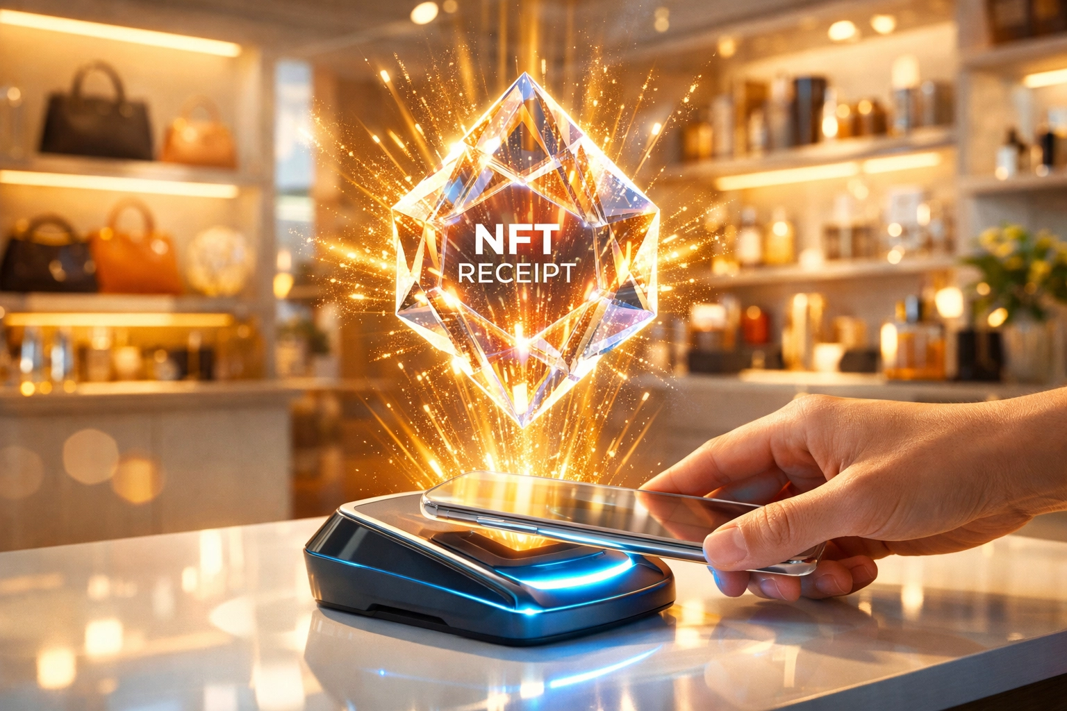 A merchant using a Web3 crypto POS system to generate automated NFT receipts for transparent accounting.