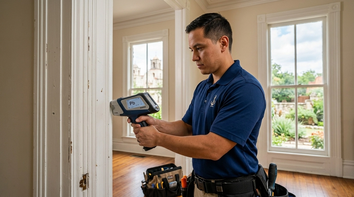 A professional home inspector using an XRF lead paint analyzer in a historic San Antonio home.