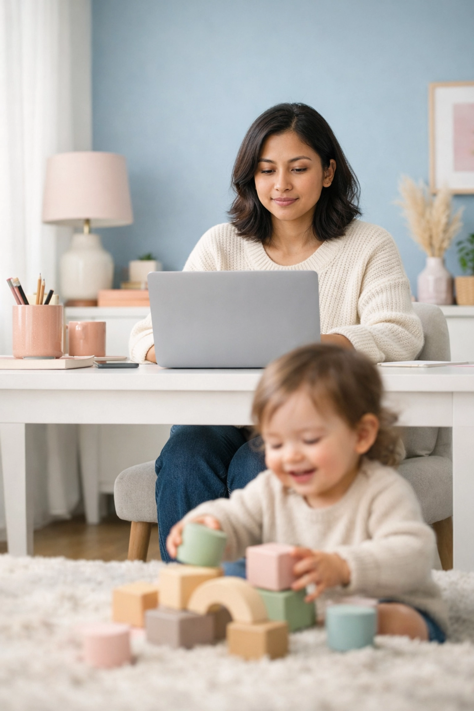 Digital mom working at a minimalist desk while her toddler plays, illustrating a sustainable business system over motivation.