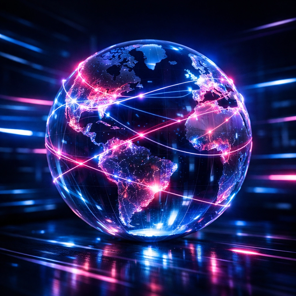 Global digital network with neon data flows representing 24/7 cybersecurity monitoring