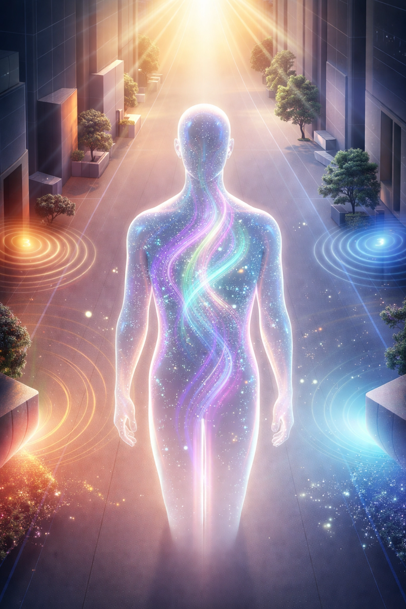 Human figure in an urban space with flowing data visuals showing AI processing sensory inputs for wearable tech.