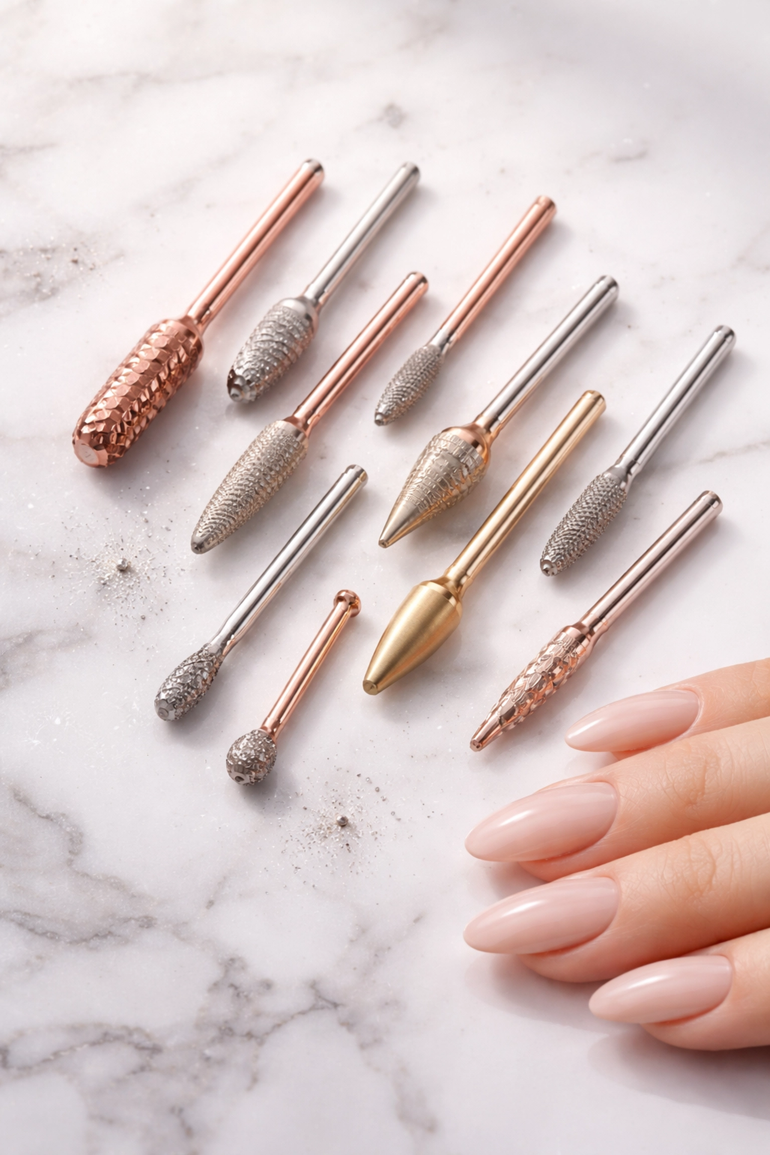 Macro shot of e-file manicure tools and a hand with a nude Russian manicure in a high-end nail salon setting.