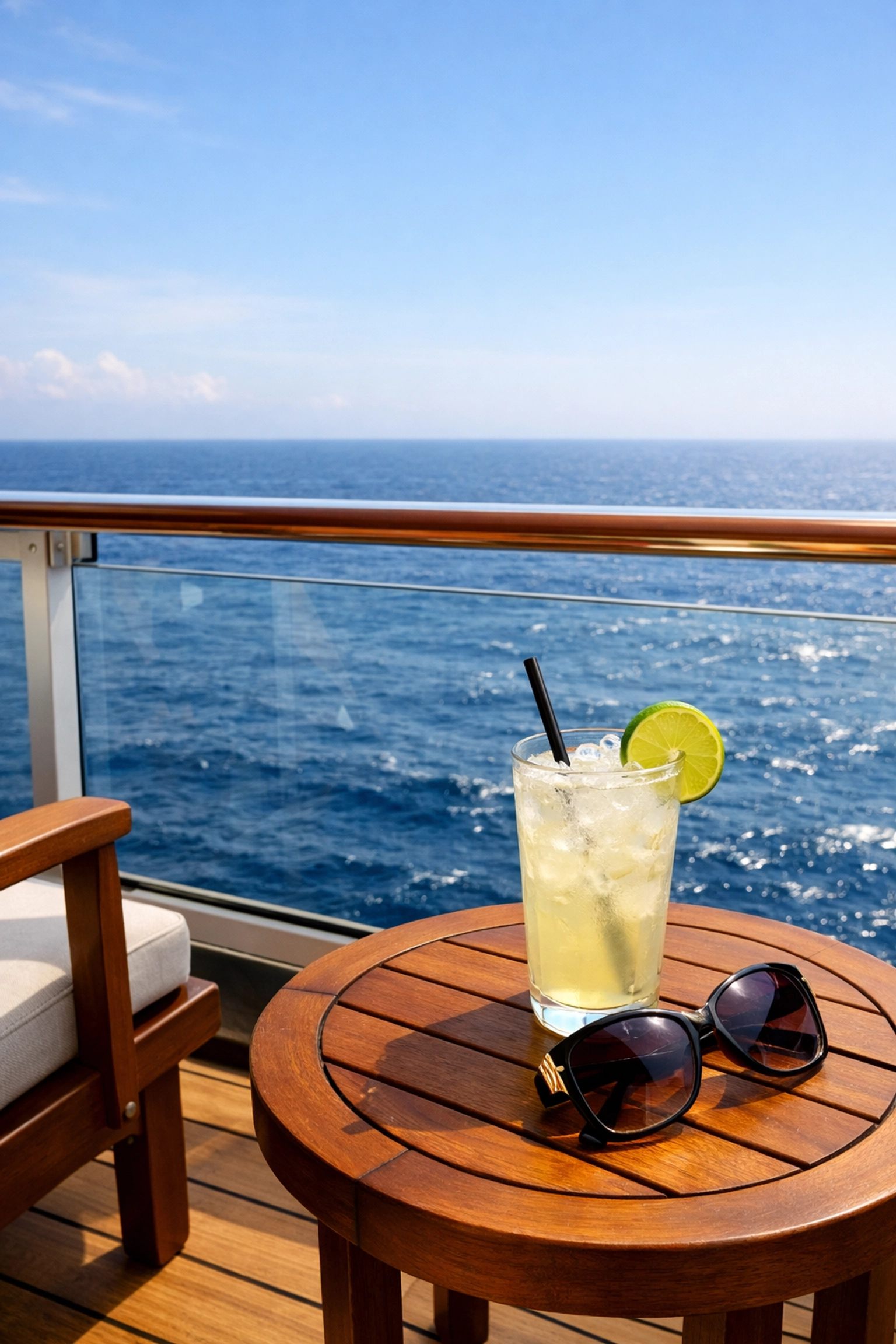 A peaceful ocean view from a private cruise ship balcony with a tropical cocktail on a side table.