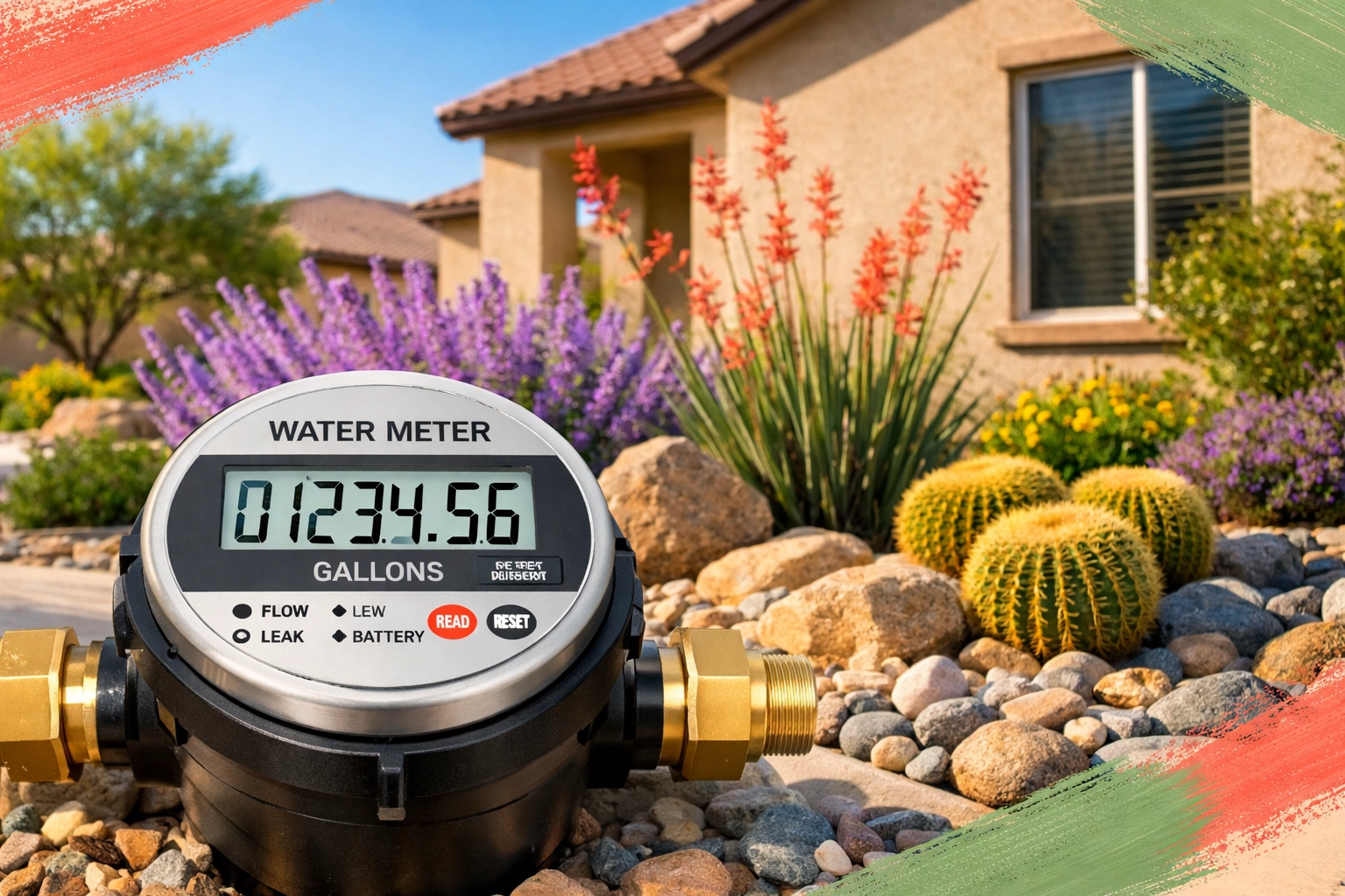 Residential water meter at Arizona home with desert landscaping and drought-tolerant plants