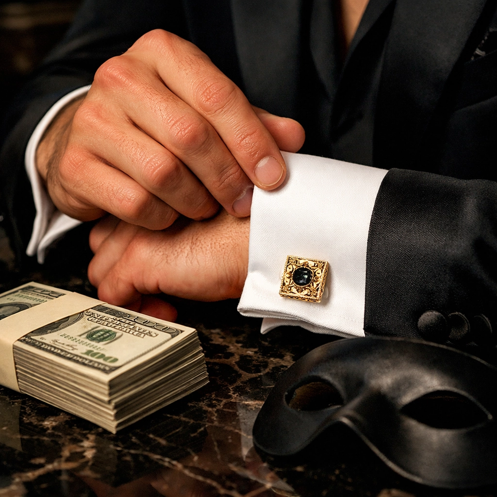 Close-up of a man adjusting cufflinks near money, symbolizing wealth in MM contemporary novels.