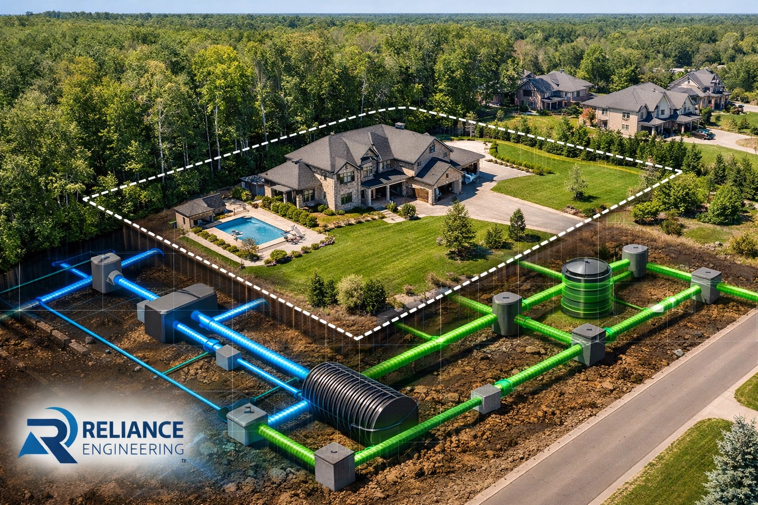 Aerial view of an Ontario property showing lot severance boundaries and underground site servicing layout.