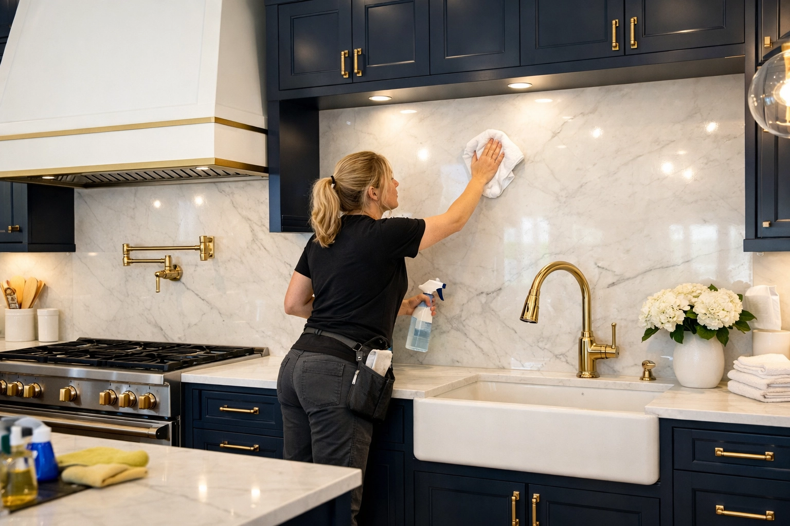 Post construction cleaning in Boxborough showing a professional polishing a new marble backsplash.