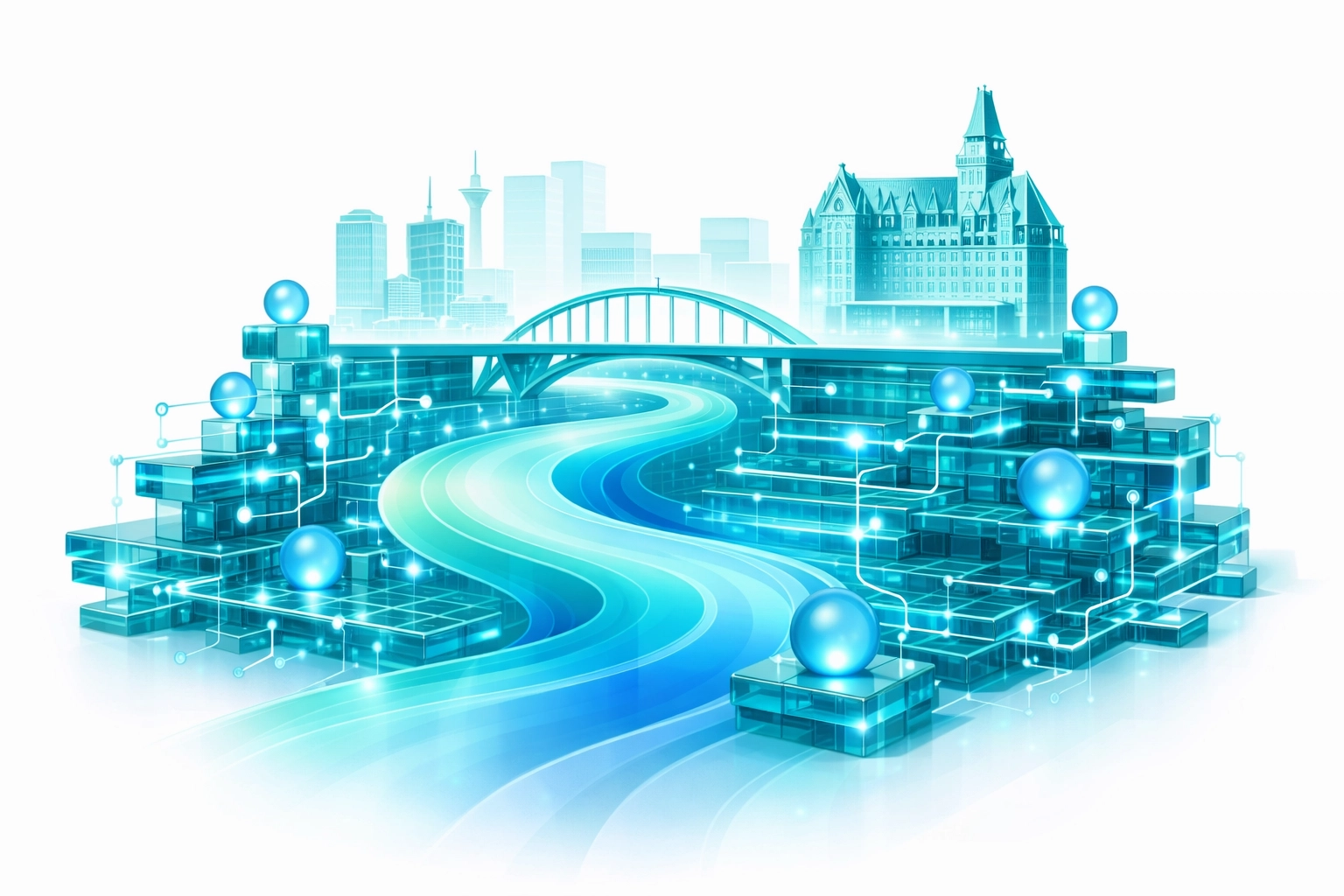 A teal-and-blue geometric “digital foundation” platform with the South Saskatchewan River ribbon, a Saskatoon bridge, Delta Bessborough silhouette, and subtle circuit lines representing 24/7 automation.