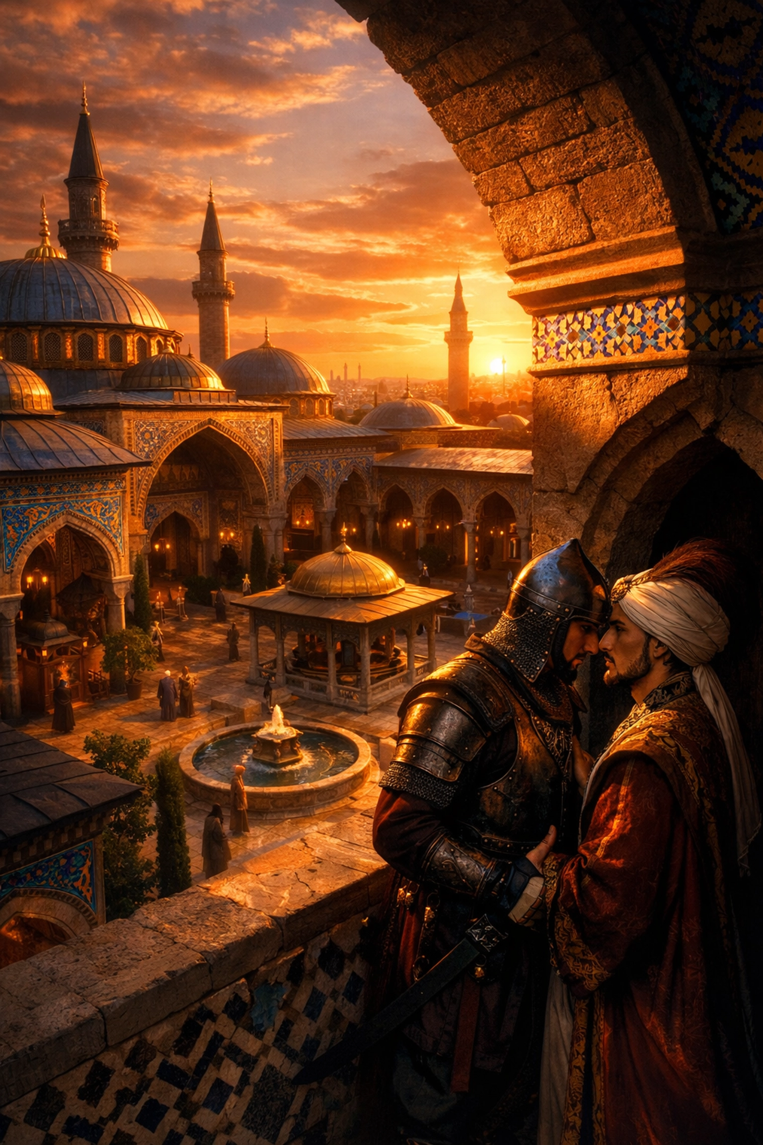 Ottoman palace courtyard with guard and vizier in forbidden romance - historical MM romance
