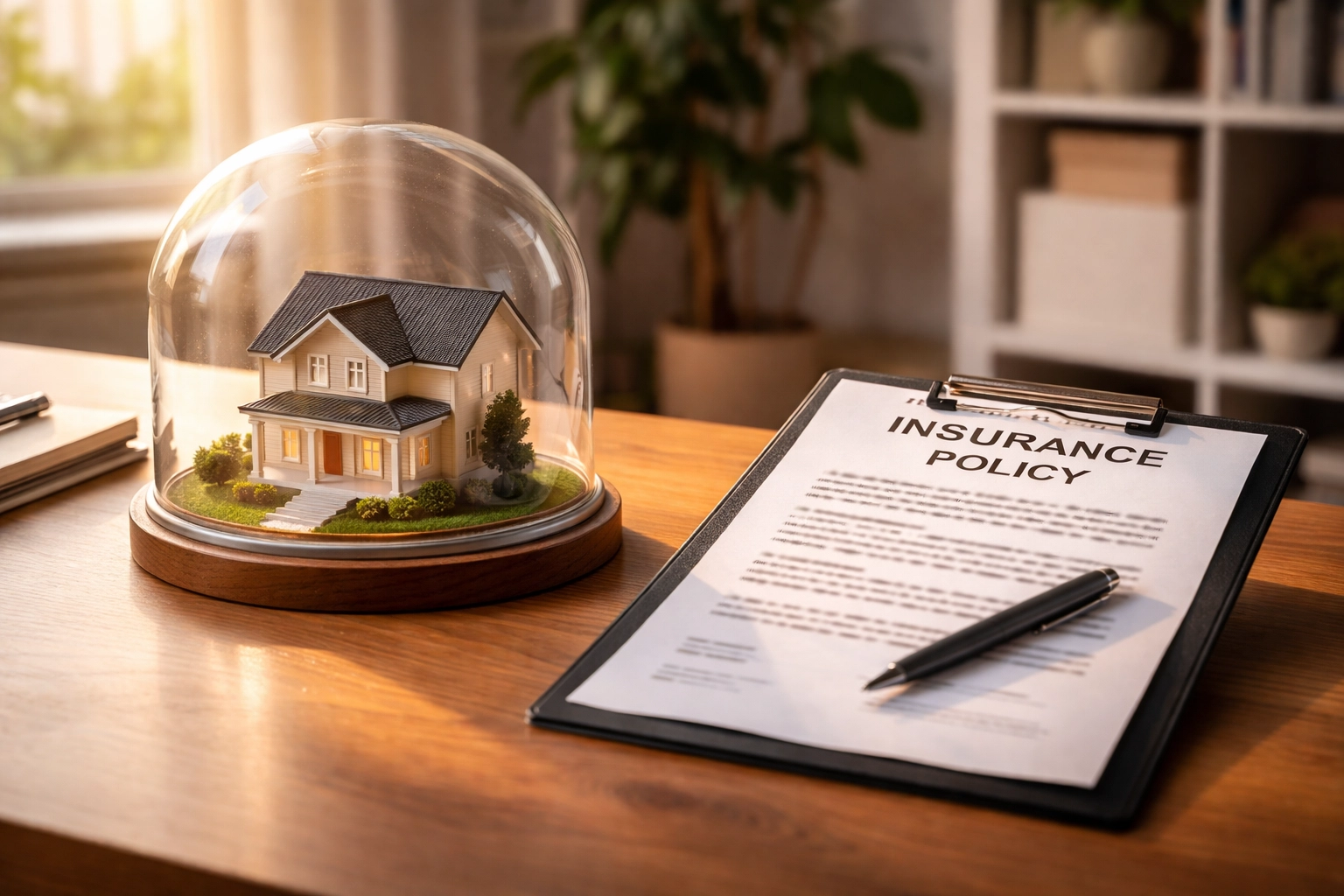 Home office desk displaying a rental property under a glass dome and insurance paperwork, illustrating asset protection strategies for real estate investors.