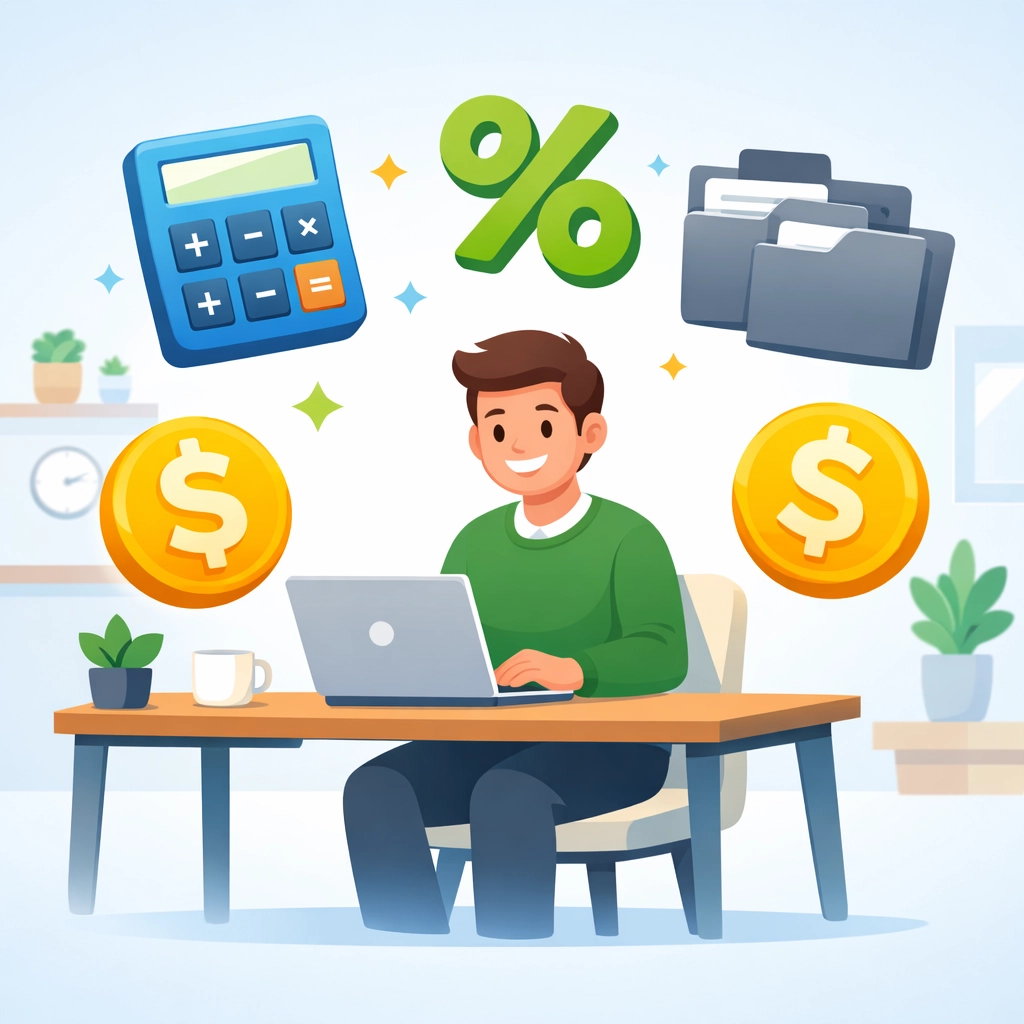 Small business owner reviewing tax deductions at desk with calculator and financial documents