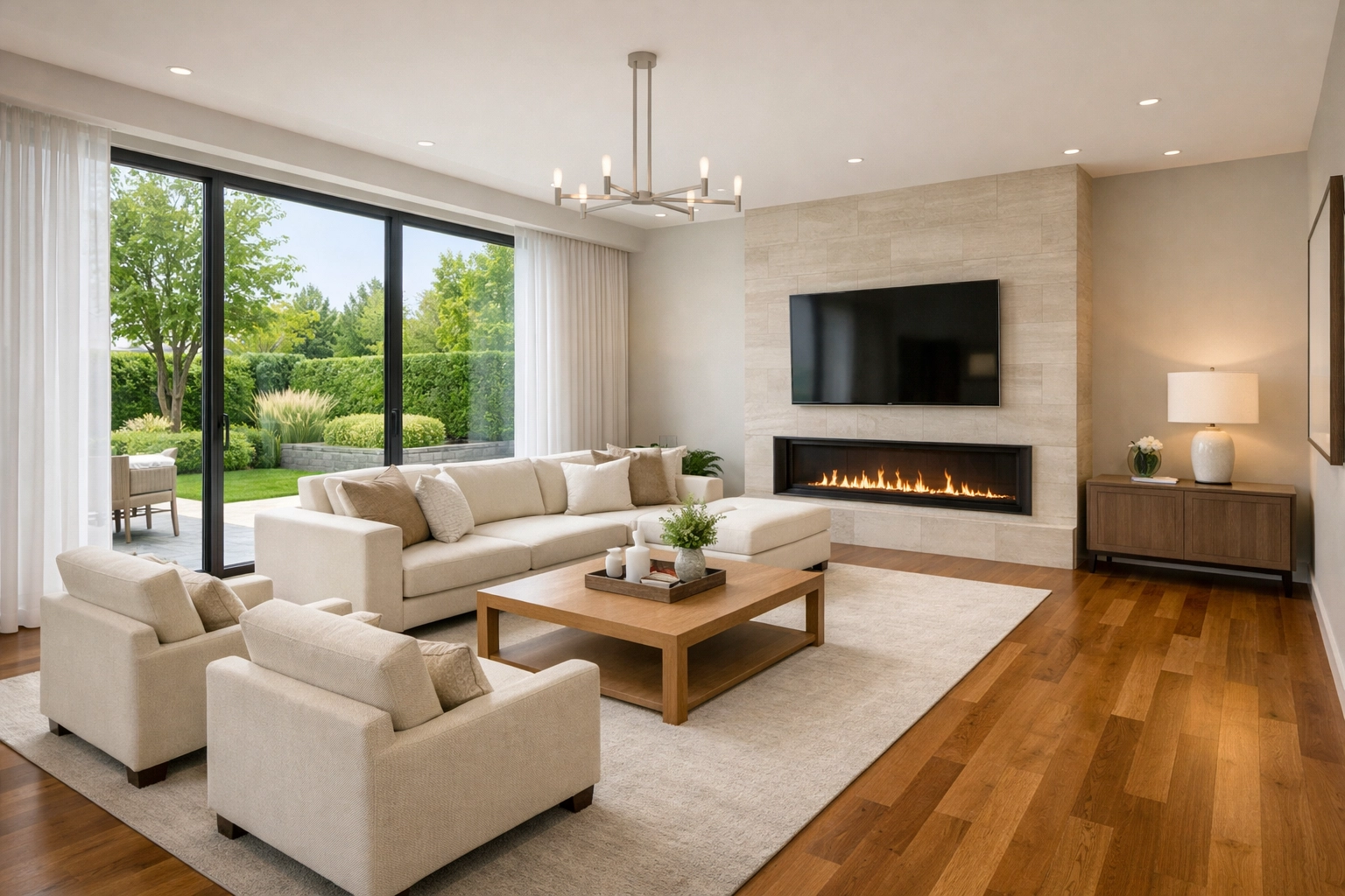 High-end modern living room reflecting the professional standards of a managed 5-year lease property.