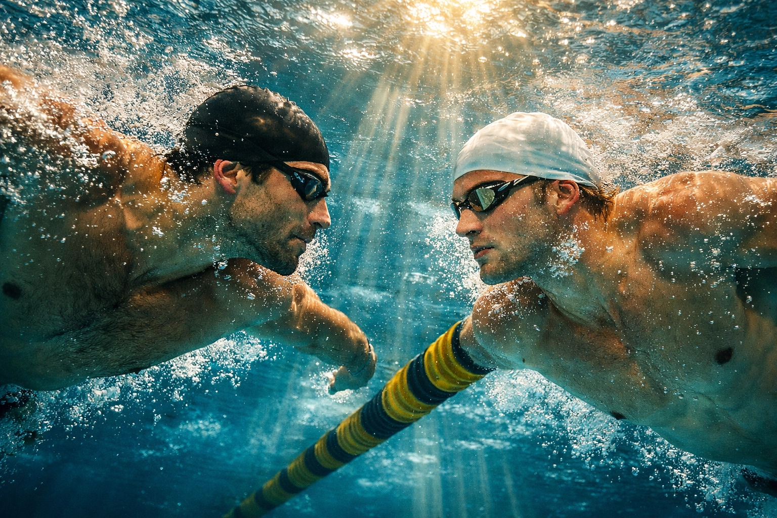 Two male Olympic swimmers competing underwater with intense eye contact during race