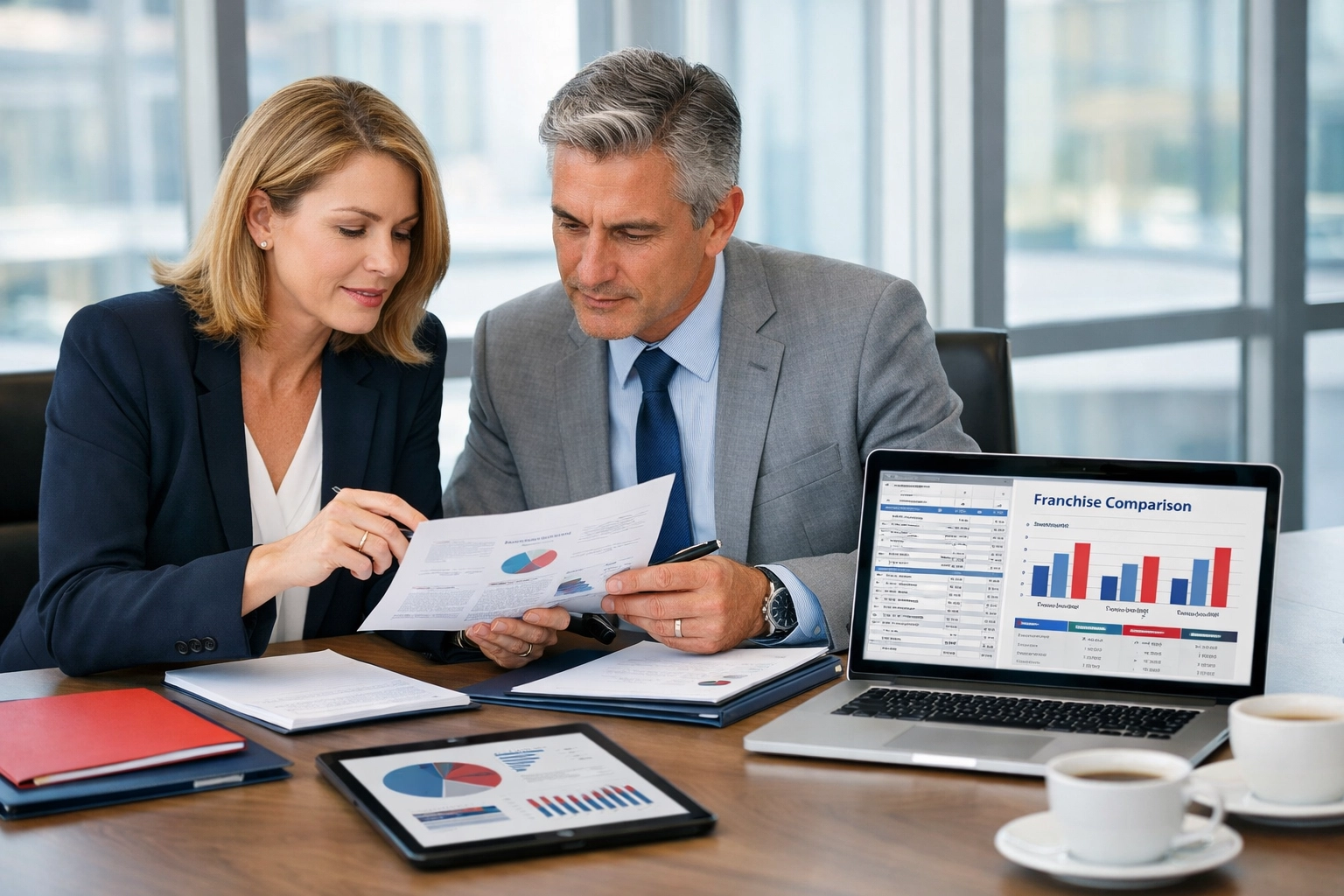 Franchise consultant helping entrepreneur review franchise investment options and financial data