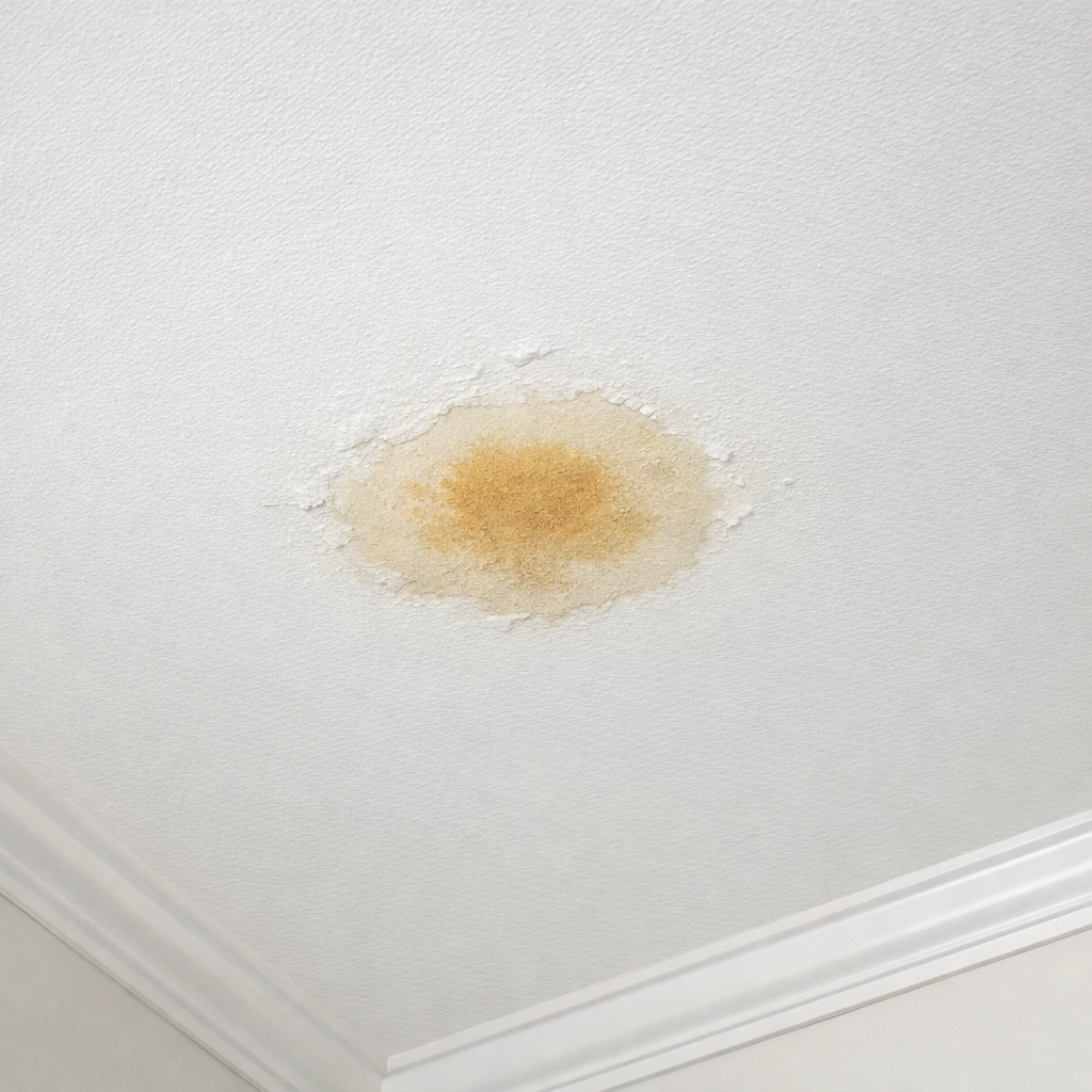 A tea-colored water stain on a residential ceiling showing early signs of water intrusion and drywall damage.