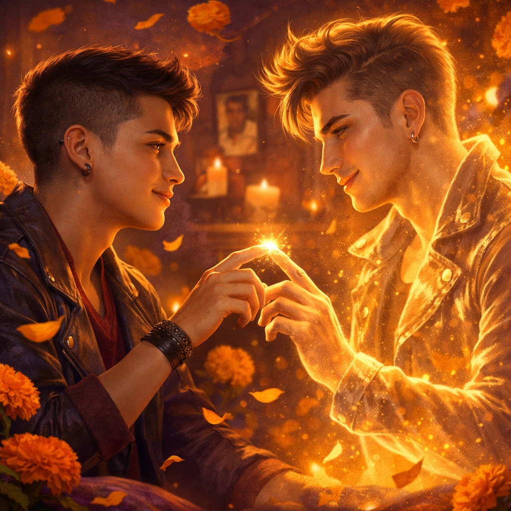 A transmasculine Latino man shares a magical romantic moment with a spirit, celebrating trans joy in fiction.