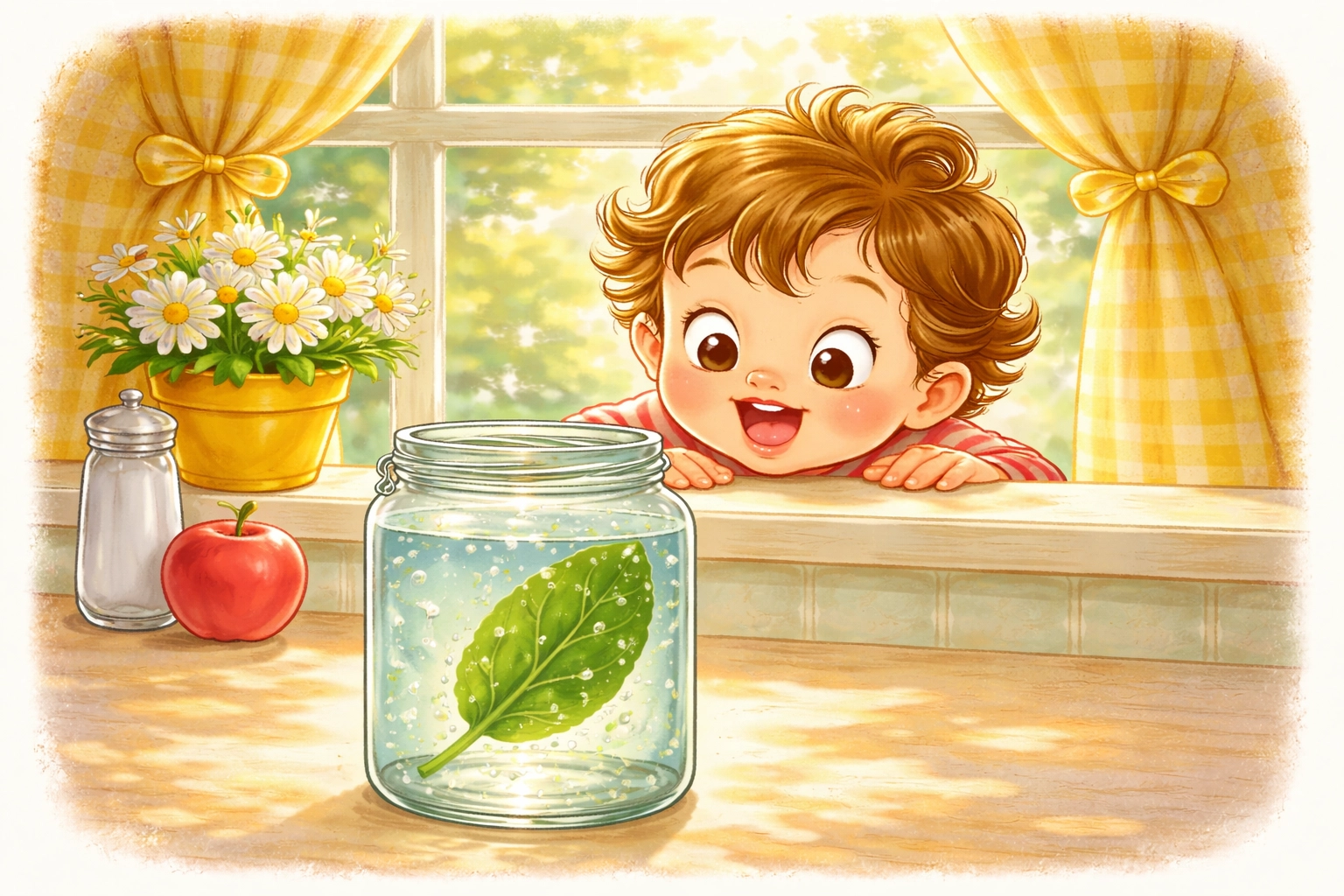 Child watching oxygen bubbles rise from a spinach leaf in a glass jar to demonstrate photosynthesis