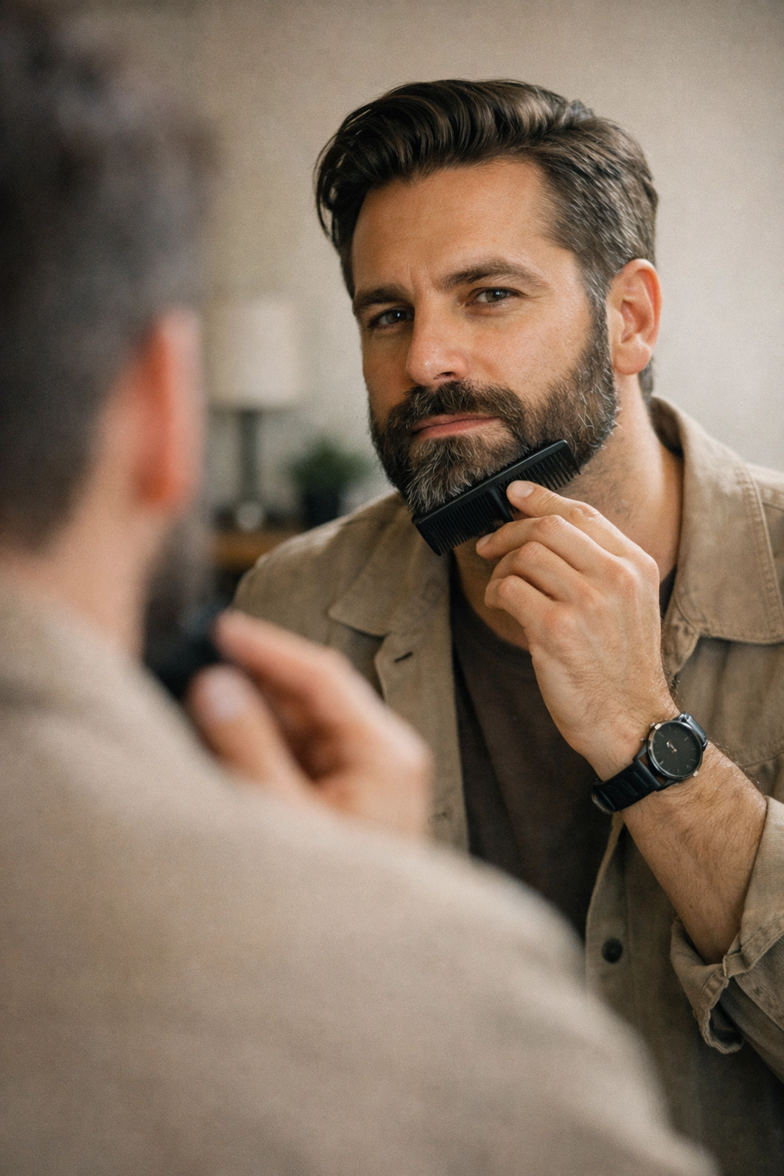 Man grooming in an office mirror, showing all-day beard wax hold and a clean, defined beard
