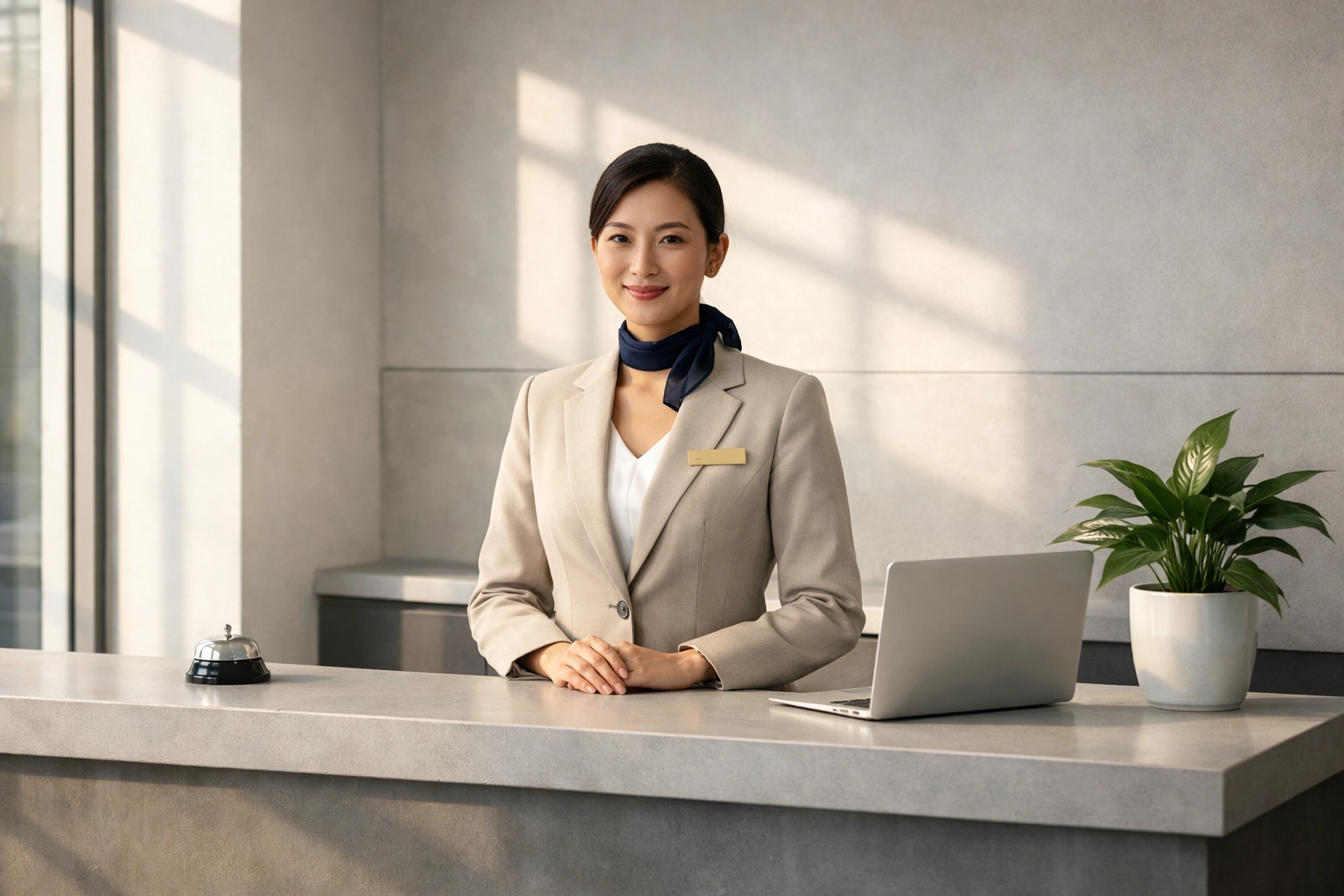 Hotel employee working efficiently at modern reception desk with streamlined technology
