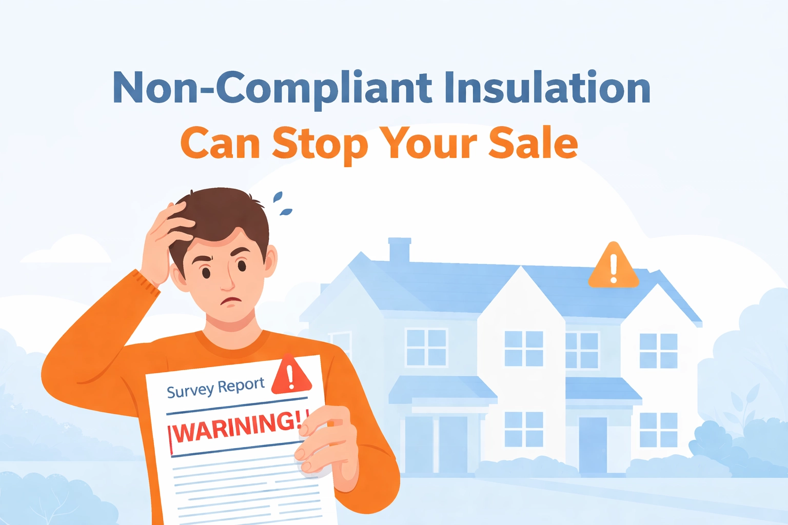 Stressed homeowner holding a warning letter outside a Birmingham semi-detached house facing insulation issues.