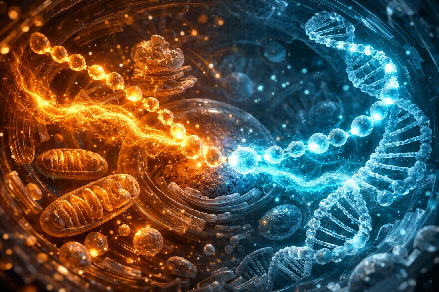 A visualization of human metabolic pathways showing cellular repair and the mTOR growth pathway for longevity.