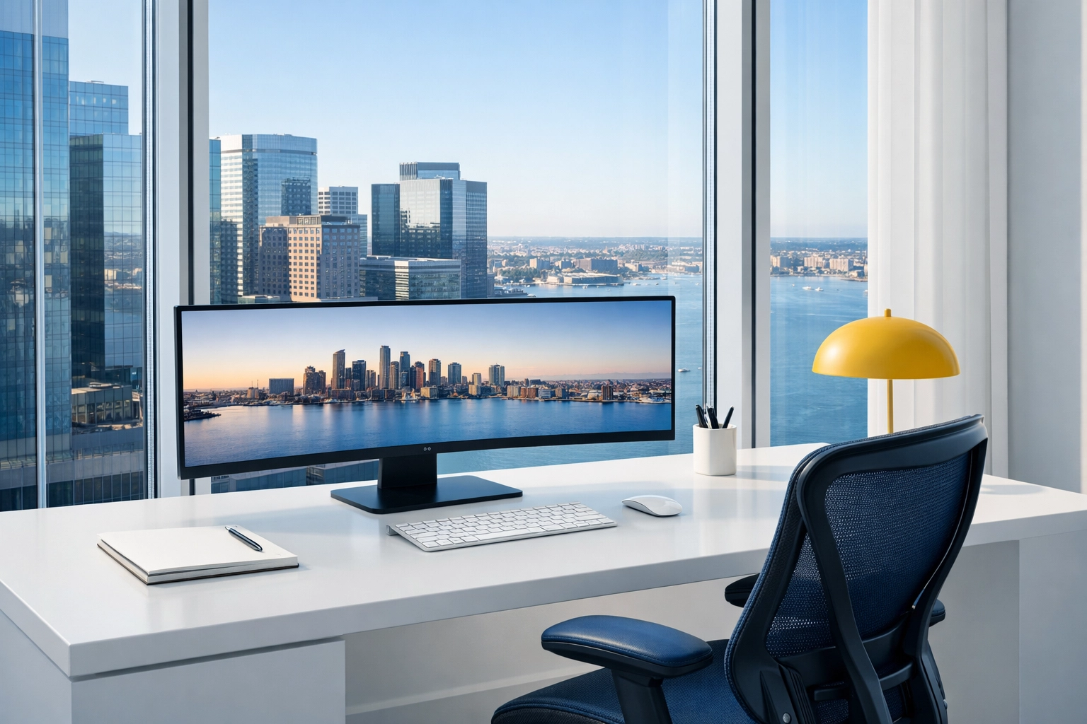 A clean, minimalist workstation in a Boston Seaport office promoting employee focus and productivity.