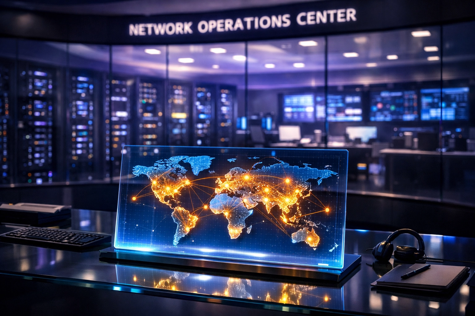 A modern command center monitoring managed IT infrastructure solutions with a global network map.