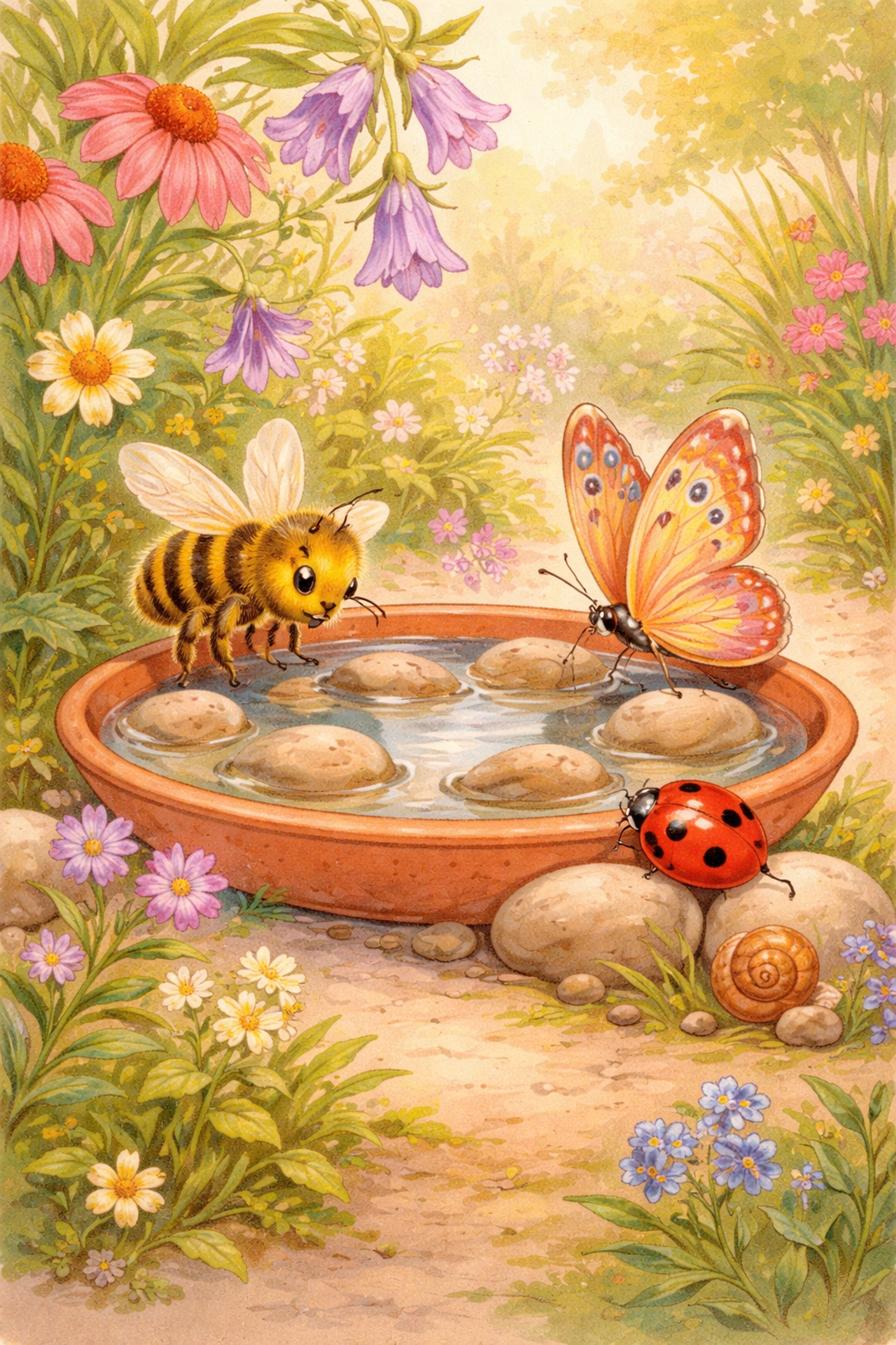 A bee, butterfly, and ladybug gather at a pebble waterer in a backyard, illustrating pollinator-friendly habitats.