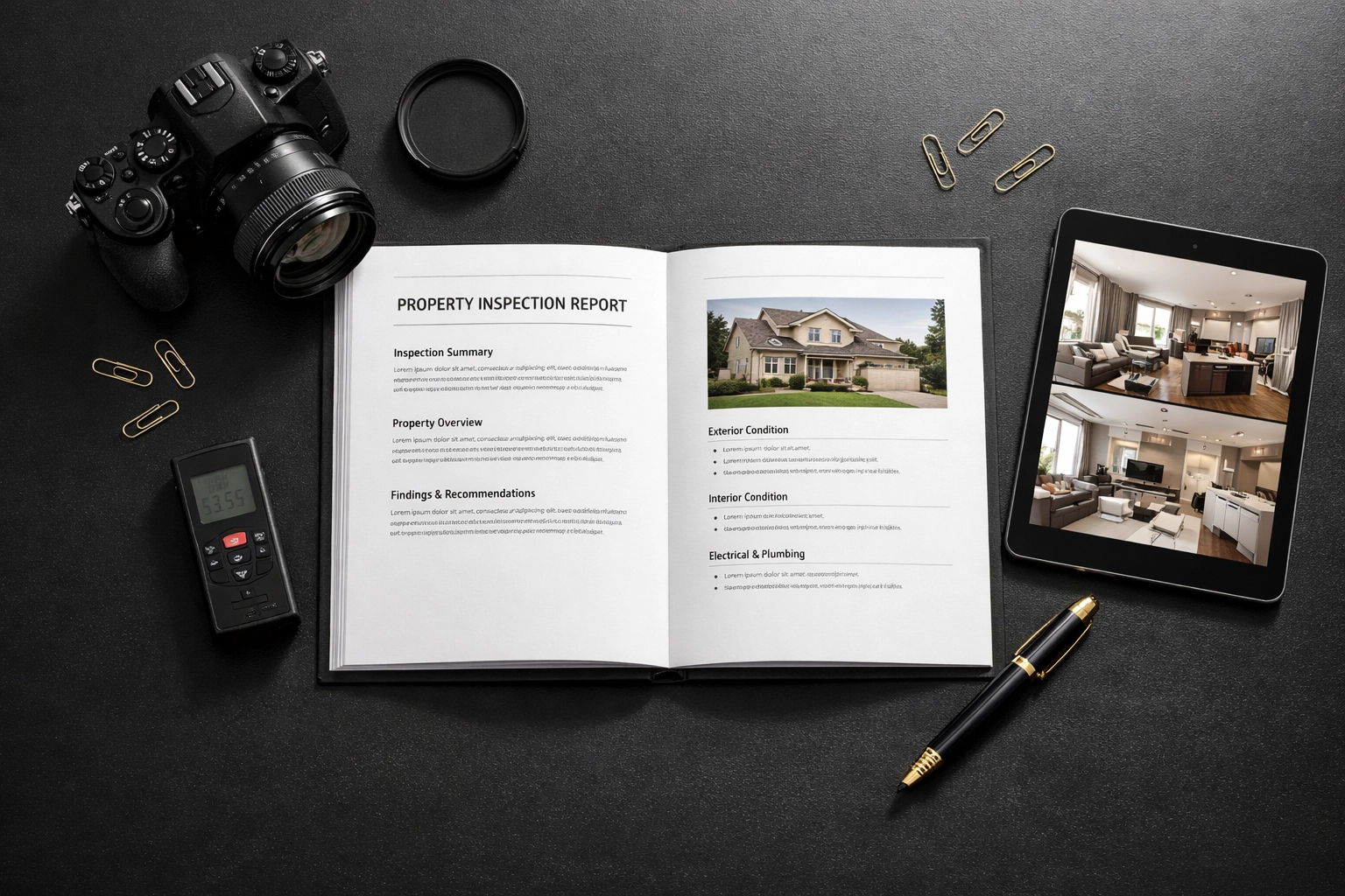 Professional property inventory report with camera and documentation tools on desk