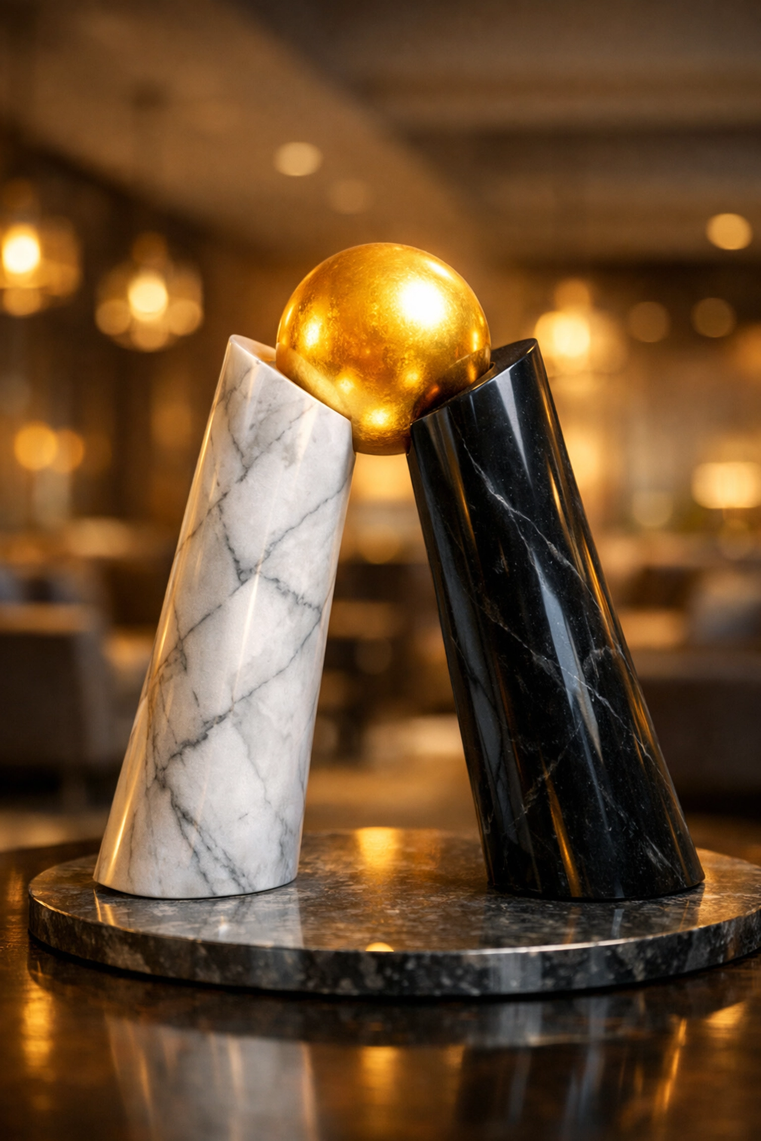 Abstract pillars supporting a golden sphere, illustrating the strength and balance of a strategic recruitment partnership.