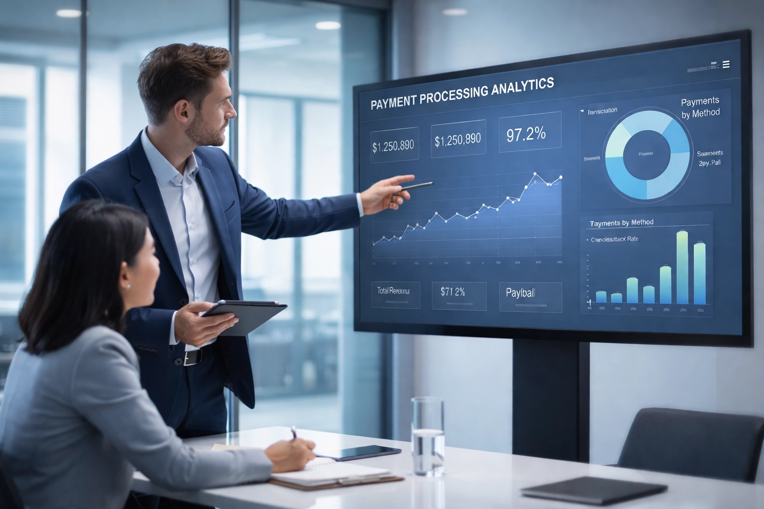 Business professionals analyzing payment processing analytics for selecting the best high risk merchant account processor