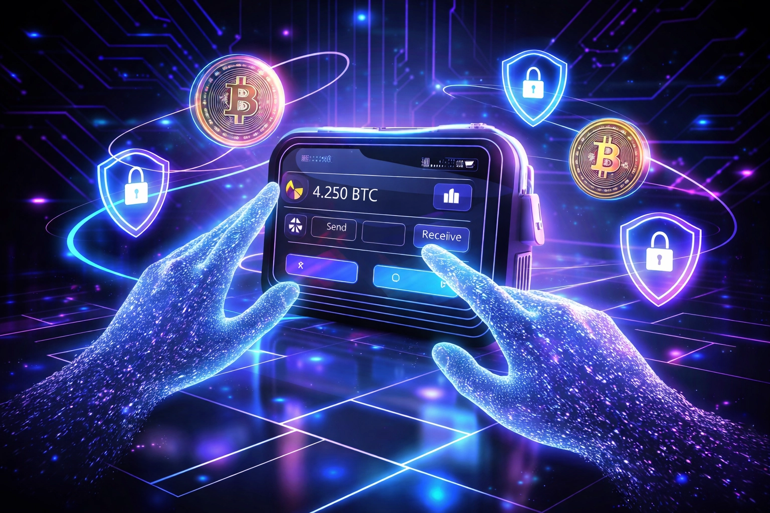 Digital wallet with crypto coins and security icons, highlighting self-custody and secure metaverse payments