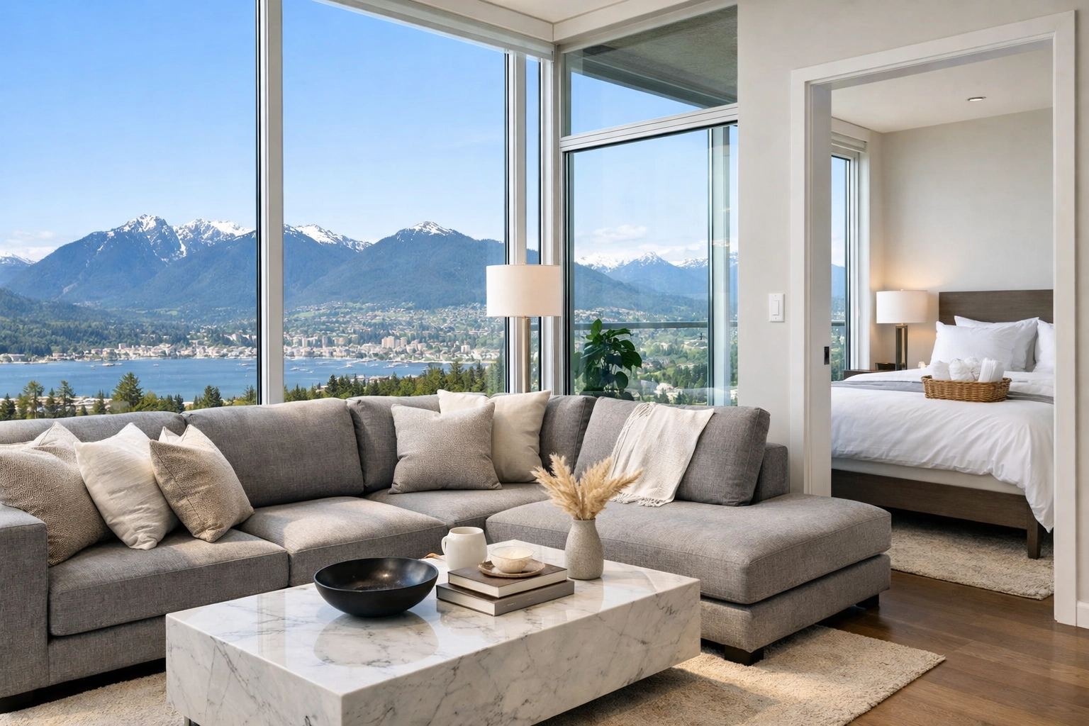 Luxury Vancouver living room with professional staging for high-yield airbnb property management.