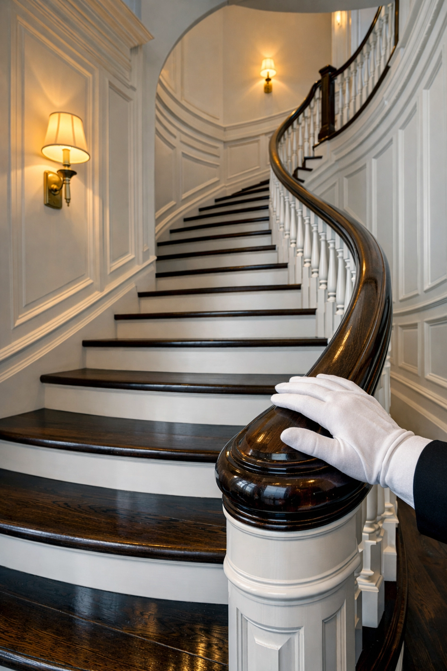 Meticulously cleaned grand staircase and dark hardwood floors in a luxury Weston MA estate.