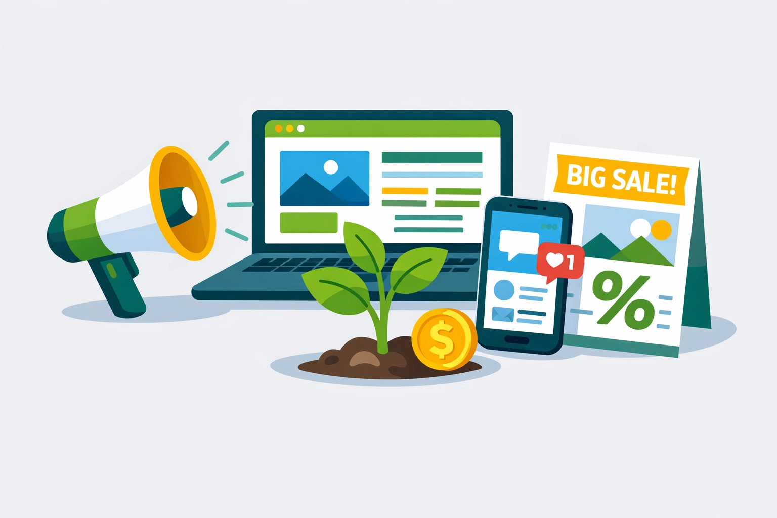 Illustration showing deductible small business marketing expenses like social media ads and web development.